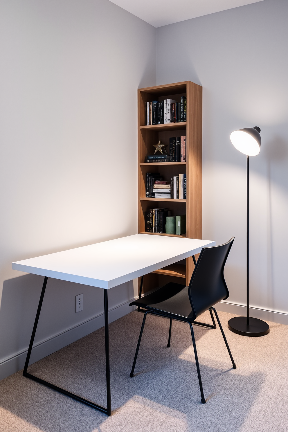 A modern minimalist desk with sleek lines is positioned against a light gray wall. The desk features a smooth white surface and thin black metal legs, complemented by an ergonomic black chair. In the corner of the room, a stylish bookshelf displays a curated selection of books and decorative items. Soft ambient lighting from a floor lamp creates a cozy atmosphere, enhancing the overall man cave office design.