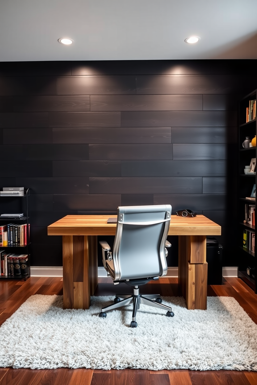 A bold accent wall in dark colors creates a striking focal point in the man cave office. The room features a sleek desk made of reclaimed wood paired with a modern ergonomic chair, enhancing both style and comfort. Soft ambient lighting illuminates the space, highlighting the rich textures of the dark wall. A plush area rug adds warmth, while shelves filled with books and personal memorabilia bring character to the room.