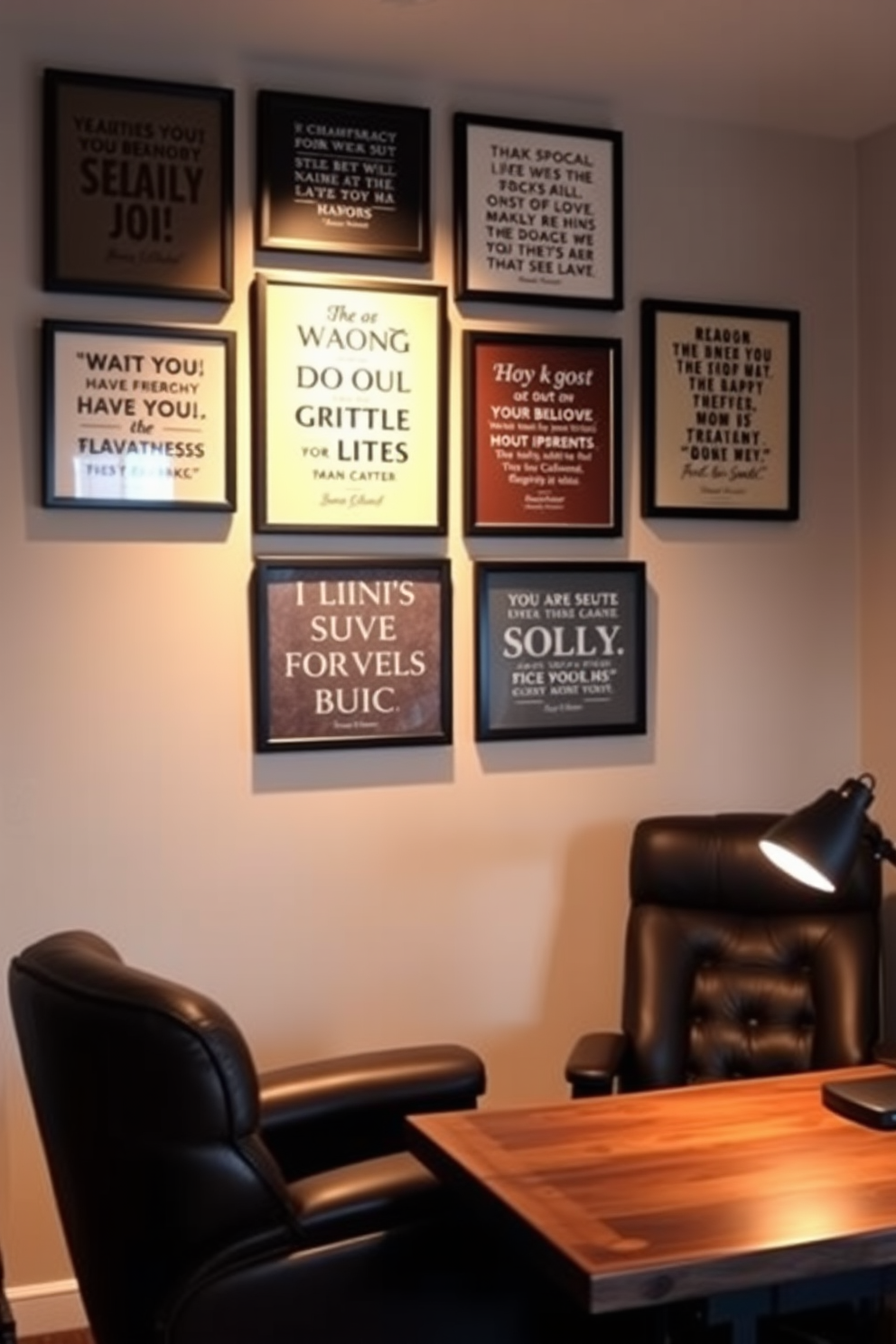 Personalized wall art featuring favorite quotes displayed in stylish frames. The art pieces are arranged in a gallery wall format, creating an inspiring focal point in the room. A cozy man cave office designed for relaxation and productivity. The space includes a leather recliner, a rustic wooden desk, and ambient lighting that sets a warm atmosphere.