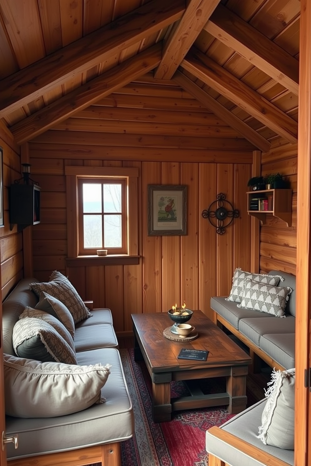 A rustic man cave shed featuring warm wood paneling that creates a cozy and inviting atmosphere. The space includes comfortable seating with plush cushions, a wooden coffee table, and ambient lighting that enhances the rustic charm.