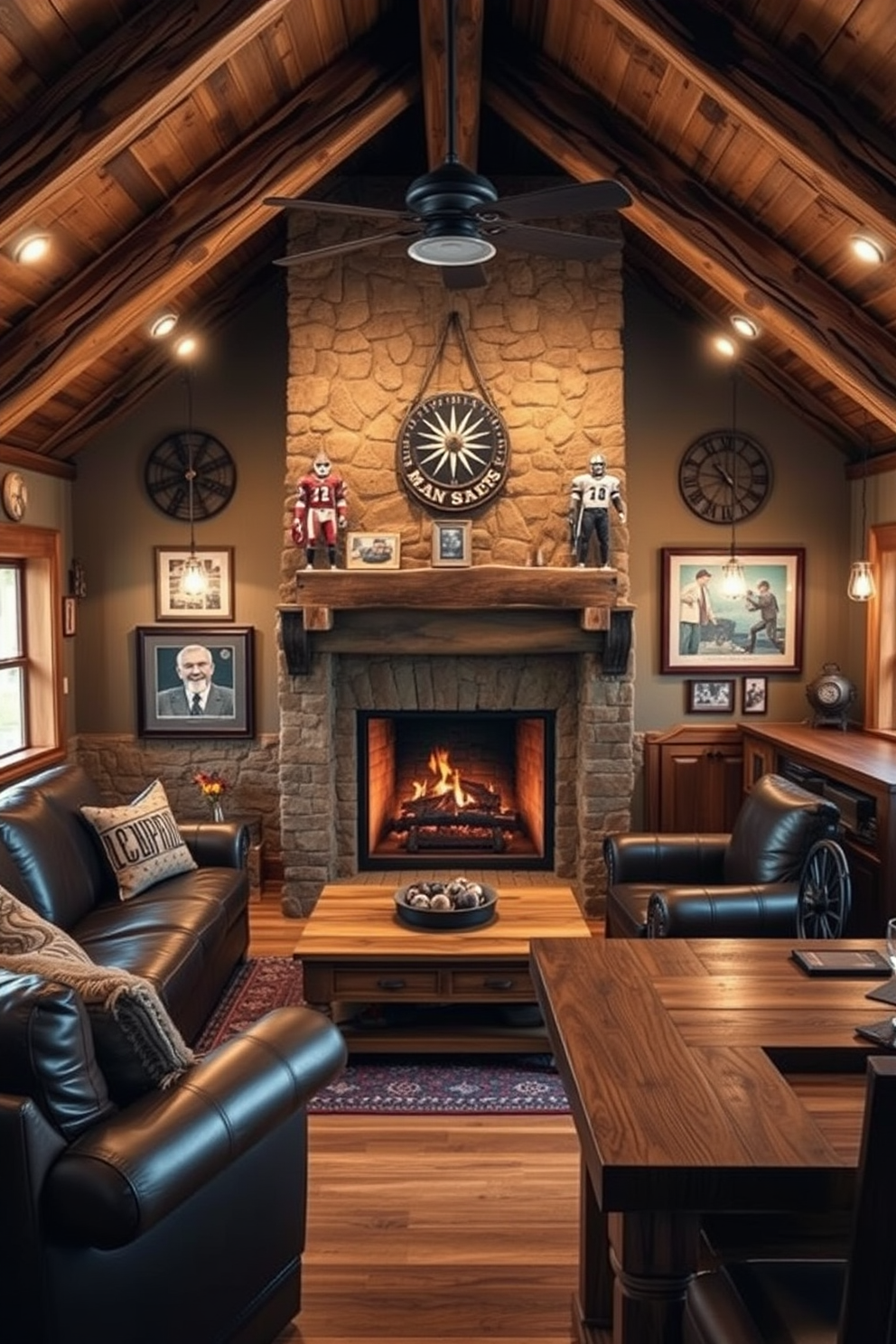 A cozy fireplace sits at the center of the man cave shed, surrounded by rustic wooden beams and stone accents. Plush seating in deep leather tones invites relaxation, while soft lighting creates an inviting atmosphere. The walls are adorned with vintage sports memorabilia and framed photos, adding a personal touch to the space. A handcrafted wooden bar with high stools complements the overall design, perfect for entertaining friends.