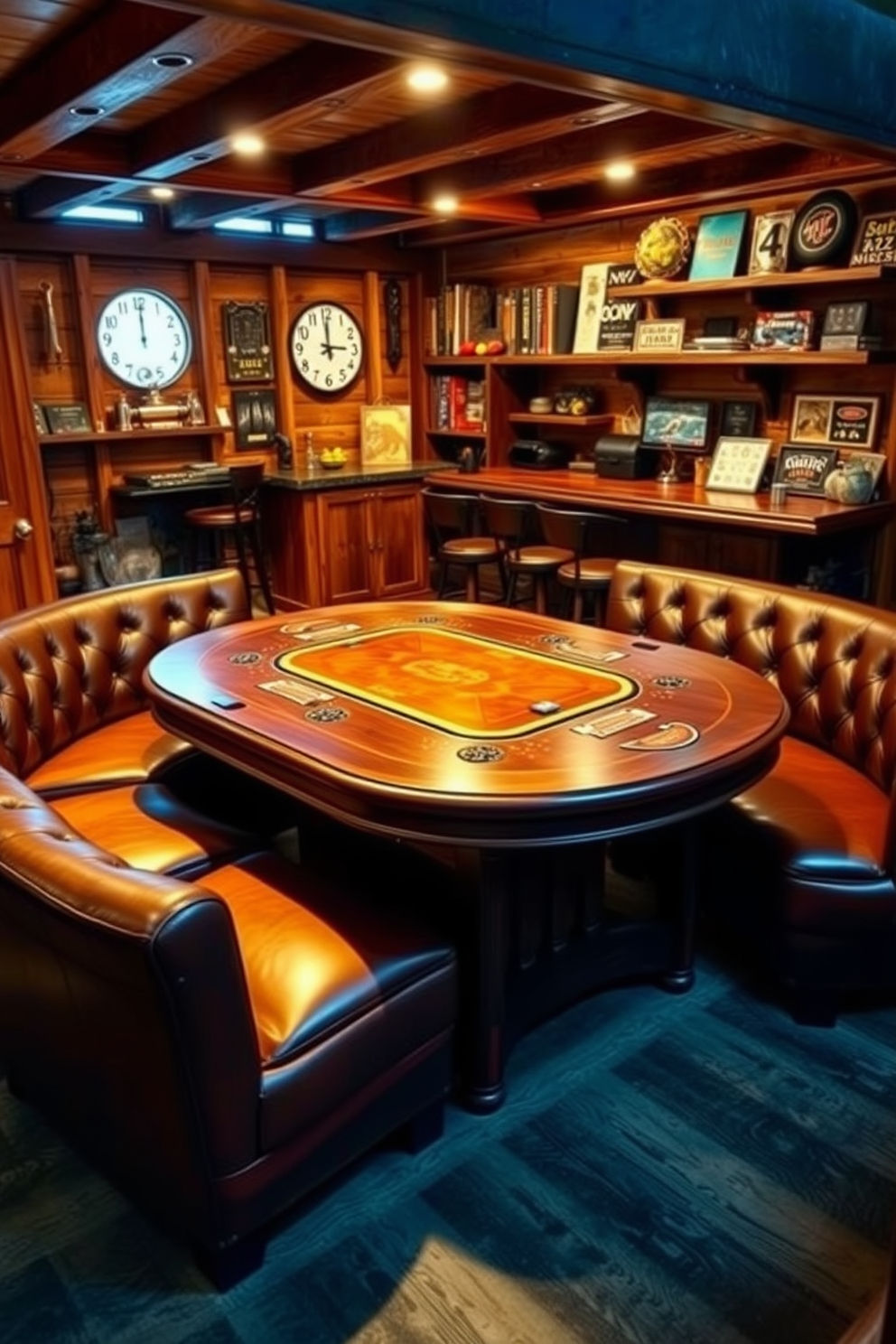 A stylish game table designed for poker or board games. The table features a rich mahogany finish with plush leather seating around it, complemented by ambient lighting to create a cozy atmosphere. A man cave shed that embodies relaxation and entertainment. The shed includes a rustic bar area, comfortable seating, and wall-mounted shelves filled with games and memorabilia, all accented by warm wood tones and industrial decor.