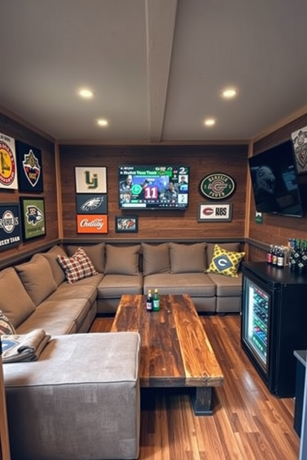 A cozy man cave shed designed for relaxation and entertainment. The interior features comfortable seating with a large sectional sofa and a rustic coffee table made from reclaimed wood. Walls are adorned with artwork featuring favorite sports teams, creating a vibrant and personalized atmosphere. A mini-fridge stocked with beverages and a wall-mounted TV enhance the space for game day gatherings.