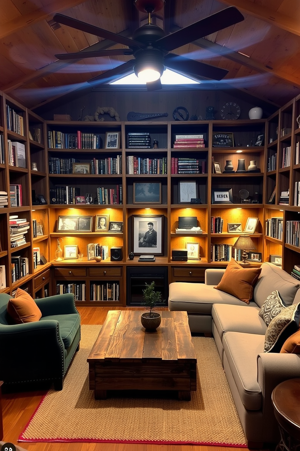 A cozy man cave shed with built-in bookshelves showcasing personal collections. The shelves are crafted from reclaimed wood and filled with an array of books, memorabilia, and unique decor items. The interior features comfortable seating with plush armchairs and a large sectional sofa. Ambient lighting creates a warm atmosphere, while a rustic coffee table adds character to the space.