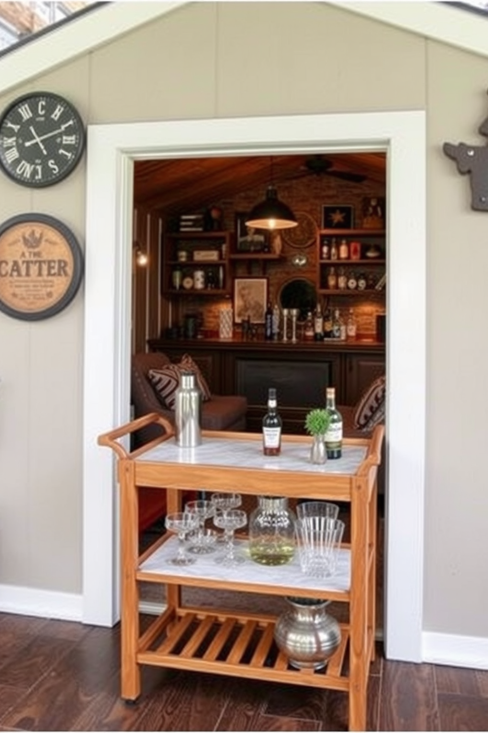 A personalized bar cart designed for easy access. The cart features a sleek wooden frame with a marble top, equipped with shelves for bottles and glassware, and decorative elements like a small plant and cocktail shaker. A cozy man cave shed with rustic charm. The interior includes comfortable seating, a vintage-style bar, and wall-mounted shelves filled with memorabilia, all accented by warm lighting and wooden finishes.