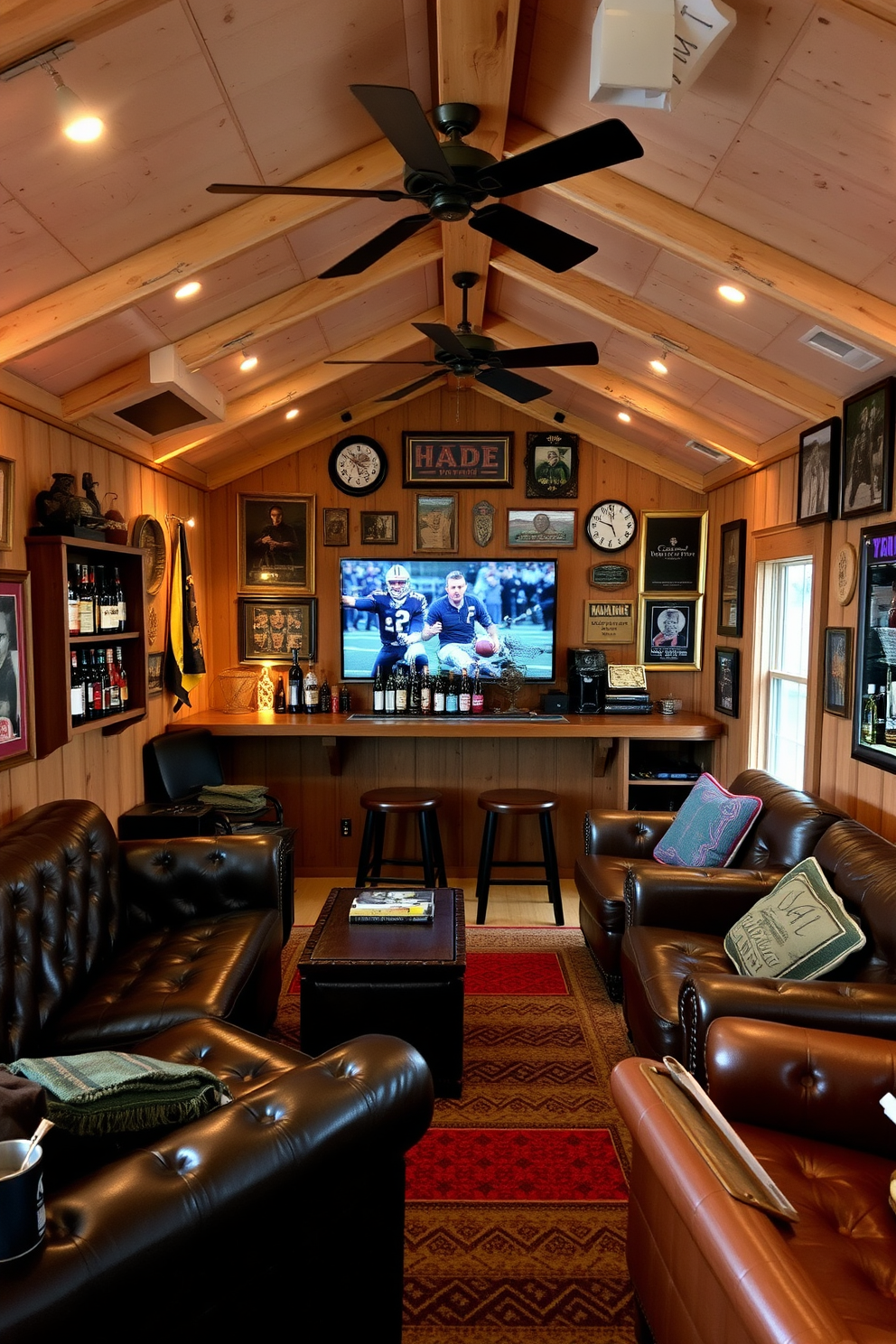 A cozy man cave shed designed for relaxation and entertainment. The interior features a rustic wooden bar stocked with favorite beverages, surrounded by comfortable leather seating and vintage decor. The walls are adorned with sports memorabilia and framed posters, creating a personalized atmosphere. Soft lighting and a large flat-screen TV complete the space, making it perfect for gatherings with friends.