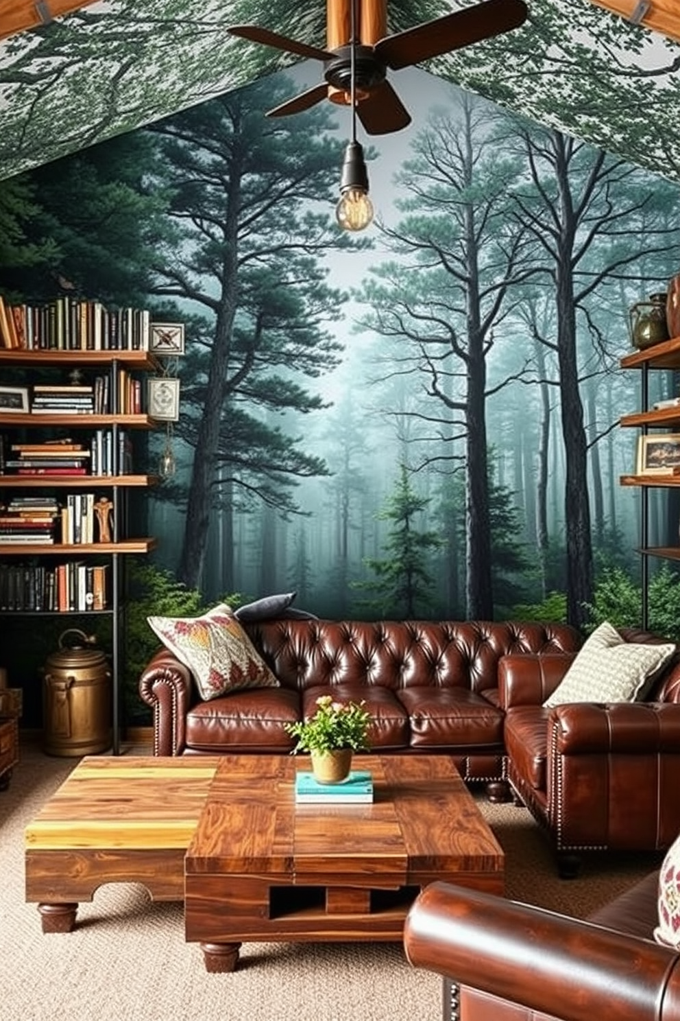 A striking wall mural depicting a serene forest landscape covers the entire back wall of the man cave. The mural creates an immersive atmosphere, complemented by rustic wooden shelves filled with books and memorabilia. The shed design features a cozy lounge area with a leather sofa and a reclaimed wood coffee table. Industrial-style lighting fixtures hang from the ceiling, adding warmth and a touch of modernity to the space.