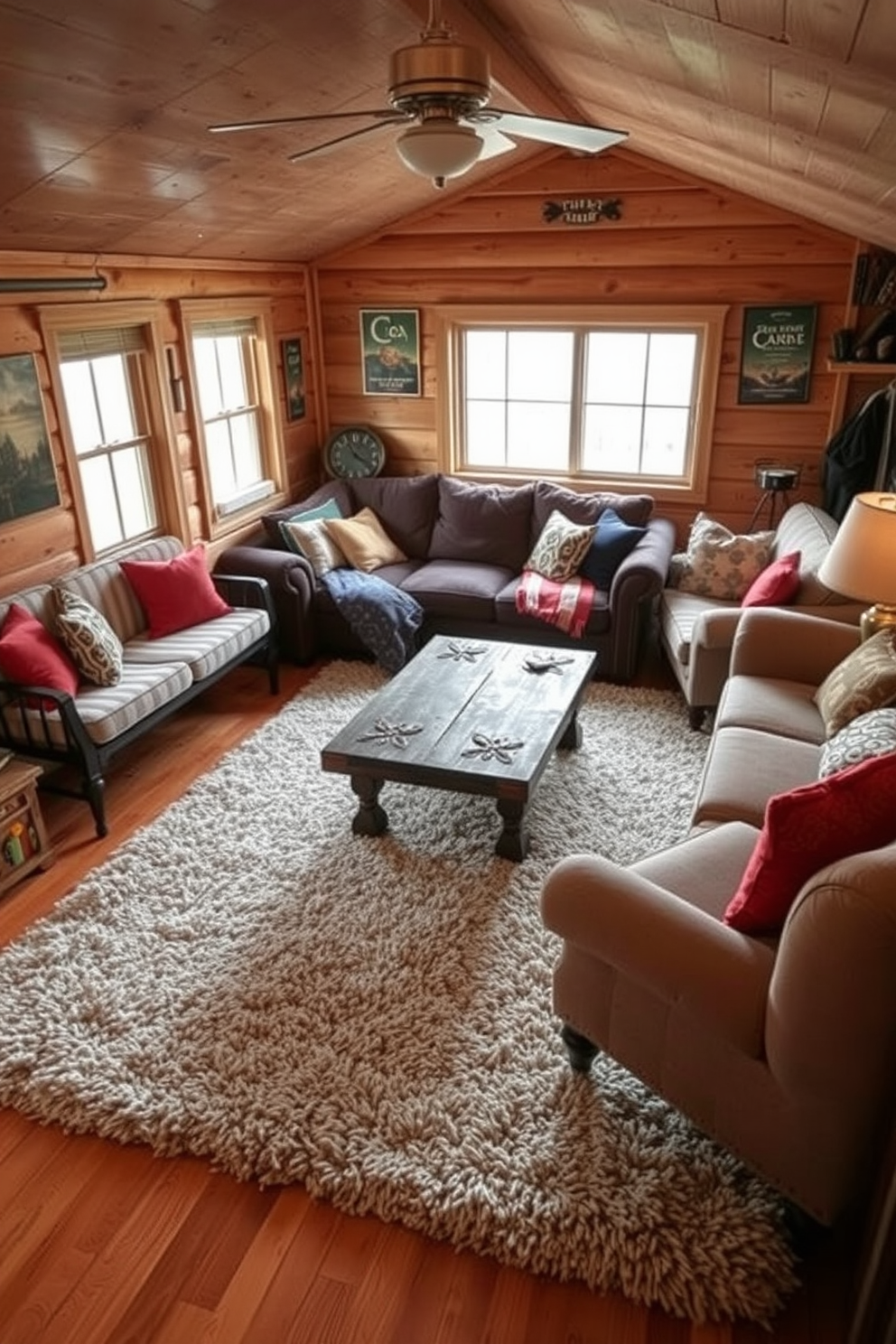 A cozy man cave shed features a plush area rug that defines the lounging space, enhancing the warmth of the wooden floors. The rug is layered over a soft, neutral carpet to create a welcoming and relaxed atmosphere. Incorporating a mix of vintage and modern furniture, the shed includes a large sectional sofa adorned with colorful throw pillows. A rustic coffee table sits at the center, surrounded by additional seating options to foster an inviting environment for gatherings.