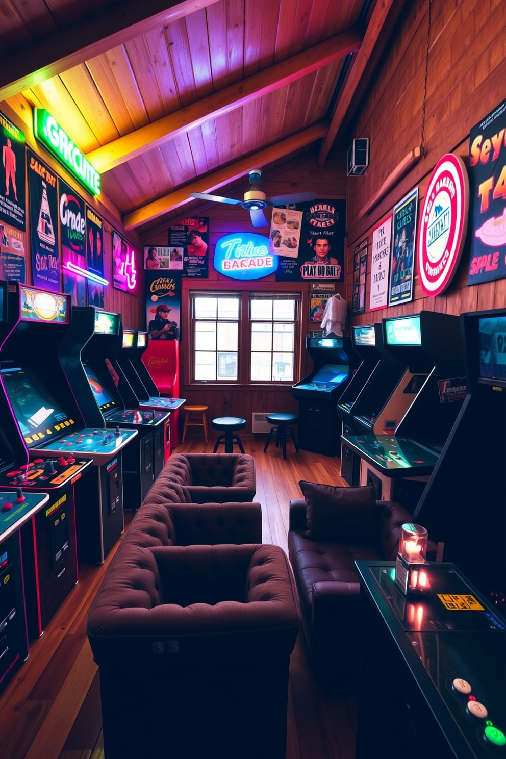 A cozy entertainment space filled with vintage arcade games. The walls are adorned with retro posters and neon lights, creating a nostalgic atmosphere. The flooring is a warm wood that complements the rustic charm of the shed. Plush seating arrangements invite relaxation, while a small bar area features classic arcade game-themed decor.