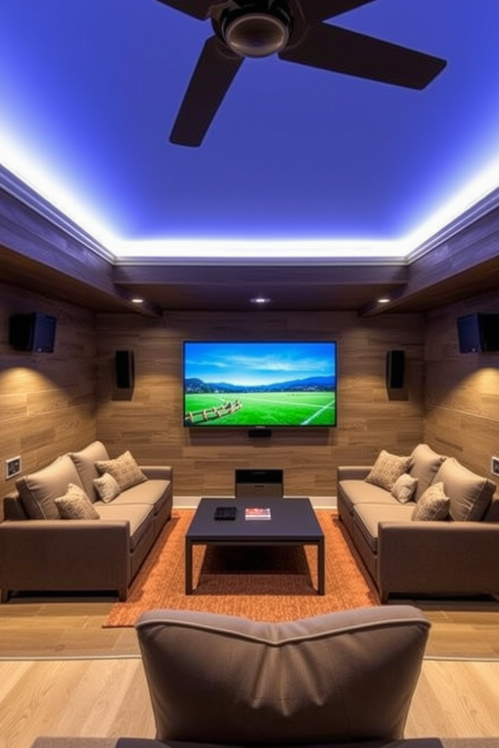 A modern man cave shed designed for relaxation and entertainment. The interior features comfortable seating with plush sofas and a large flat-screen TV mounted on the wall. Smart home technology seamlessly integrated throughout the space for convenience. Automated lighting and climate control enhance the atmosphere, making it perfect for gatherings.