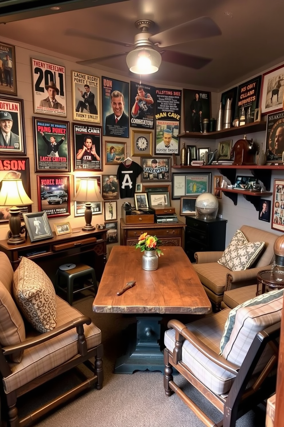 A cozy man cave shed filled with vintage memorabilia creates a nostalgic atmosphere. The walls are adorned with framed posters of classic movies and sports events, while shelves display collectibles and antiques that tell a story. Comfortable seating is arranged around a rustic wooden table, perfect for gatherings. Soft lighting from vintage lamps enhances the warm ambiance, inviting relaxation and conversation.