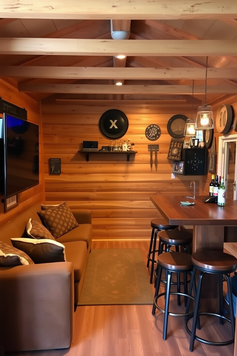 A cozy man cave shed designed for relaxation and entertainment. The space features plush seating, a large flat-screen TV mounted on the wall, and warm ambient lighting to create an inviting atmosphere. The decor includes rustic wooden accents and vintage memorabilia that reflect personal interests. A mini bar stocked with favorite beverages and comfortable bar stools adds to the enjoyment of gatherings with friends.