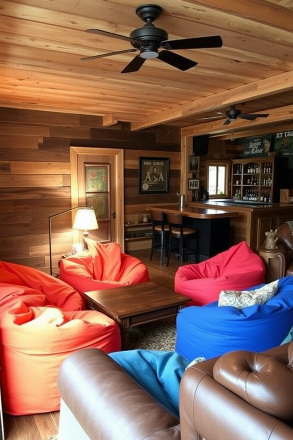 A cozy sitting nook features oversized bean bags in vibrant colors arranged around a low wooden coffee table. Soft lighting from a nearby floor lamp creates an inviting atmosphere, perfect for relaxation and conversation. The man cave shed is designed with rustic charm, showcasing reclaimed wood walls and a vintage bar area. Comfortable seating options, including leather armchairs and a plush sofa, provide a perfect spot for entertainment and leisure.