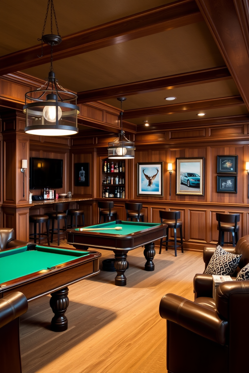 A classic man cave features a luxurious billiards table as the centerpiece, surrounded by rich wood paneling and plush leather seating. The space is illuminated by vintage pendant lights, creating a warm and inviting atmosphere perfect for entertaining friends. Incorporate a rustic bar area with stylish stools, stocked with premium spirits and glassware. Decorate the walls with framed sports memorabilia and art, adding a personal touch to the overall design.