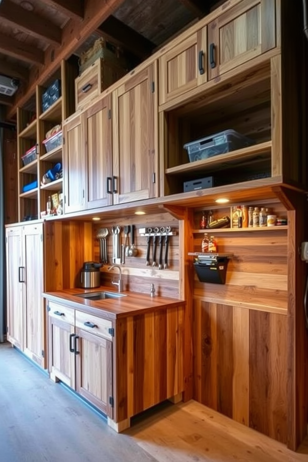 A custom cabinetry setup designed for a man cave shed. The cabinetry features a mix of open shelving and closed storage, crafted from reclaimed wood with a rustic finish. The layout includes a dedicated space for tools and equipment, along with a bar area for refreshments. Accent lighting highlights the craftsmanship, creating a warm and inviting atmosphere.