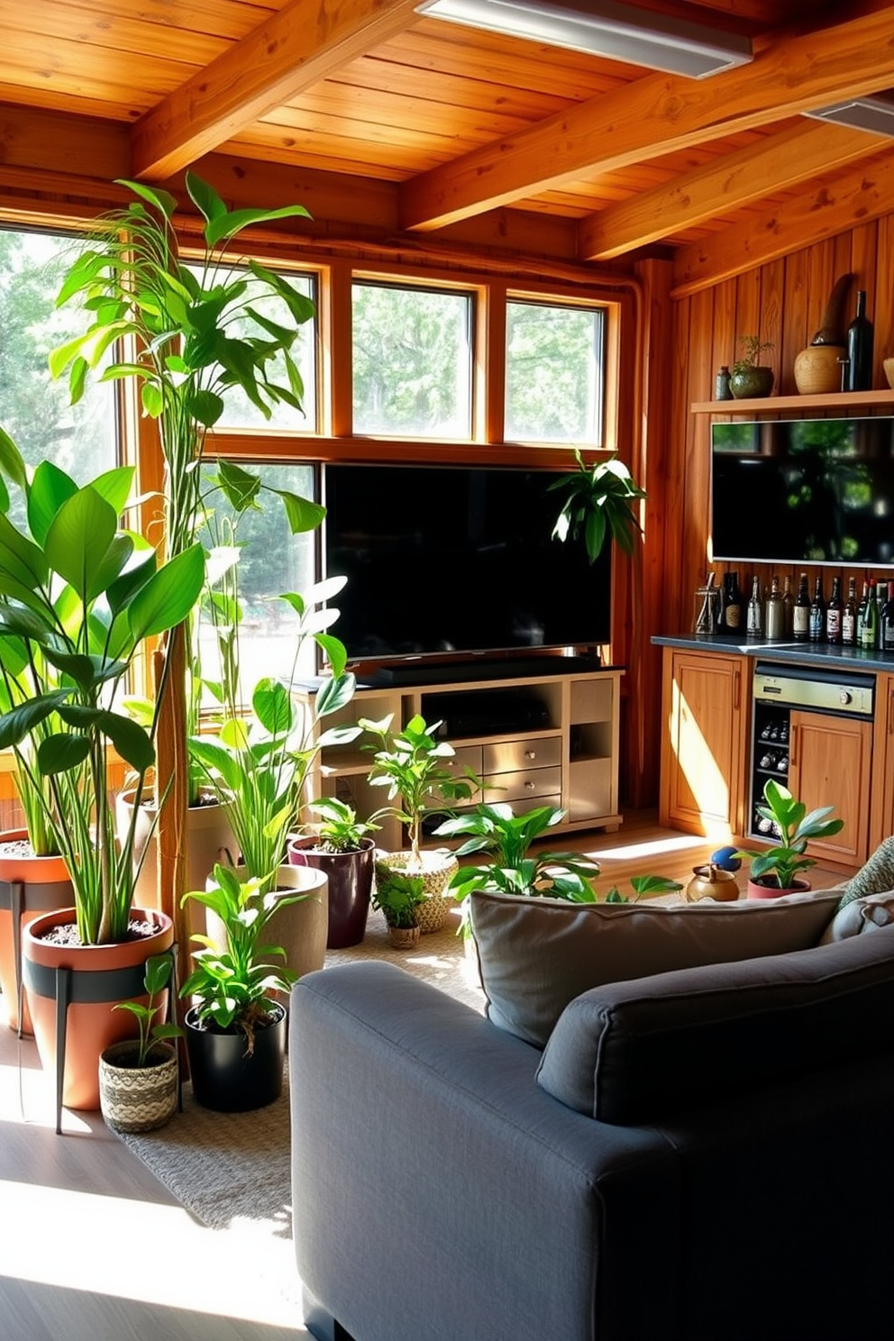 A collection of indoor plants arranged in various stylish pots creates a refreshing atmosphere in the living room. Sunlight filters through the windows, highlighting the vibrant greens and adding a touch of tranquility to the space. The man cave shed features rustic wooden walls and comfortable seating, perfect for relaxation and entertainment. A large flat-screen TV is mounted on one wall, and a mini bar stocked with drinks adds to the inviting ambiance.