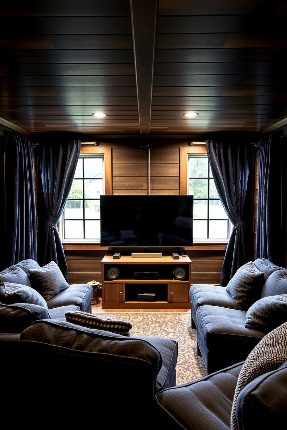 A cozy man cave shed designed for ultimate relaxation features plush seating arranged around a large flat-screen TV. The walls are adorned with dark wood paneling, and the space is illuminated by soft, adjustable lighting to create a cinematic atmosphere. Blackout curtains frame the windows, providing complete darkness for movie nights. These luxurious curtains are made from thick, textured fabric in a deep navy blue, enhancing the overall comfort and style of the space.