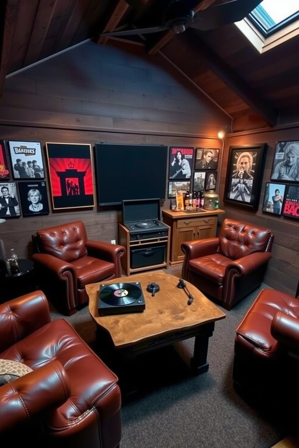 A cozy man cave shed designed for music lovers features a vintage record player as the centerpiece. Surrounding the record player are comfortable leather chairs and a rustic wooden coffee table, creating an inviting atmosphere for relaxation and enjoyment. The walls are adorned with framed album covers and acoustic panels for sound quality. Soft ambient lighting enhances the mood, while a small bar area stocked with beverages adds to the overall charm of the space.