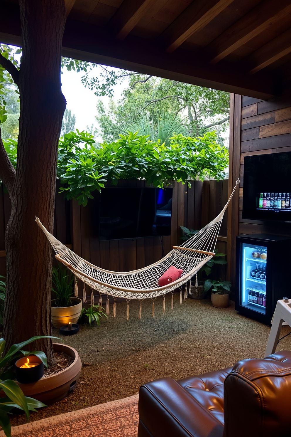 A cozy hammock is suspended between two sturdy trees in a tranquil garden setting. Surrounding the hammock are lush green plants and soft ambient lighting, creating a serene retreat atmosphere. The man cave shed features rustic wooden walls and a comfortable leather sofa. A large flat-screen TV is mounted on the wall, and a mini-fridge stocked with beverages sits in the corner for ultimate relaxation.