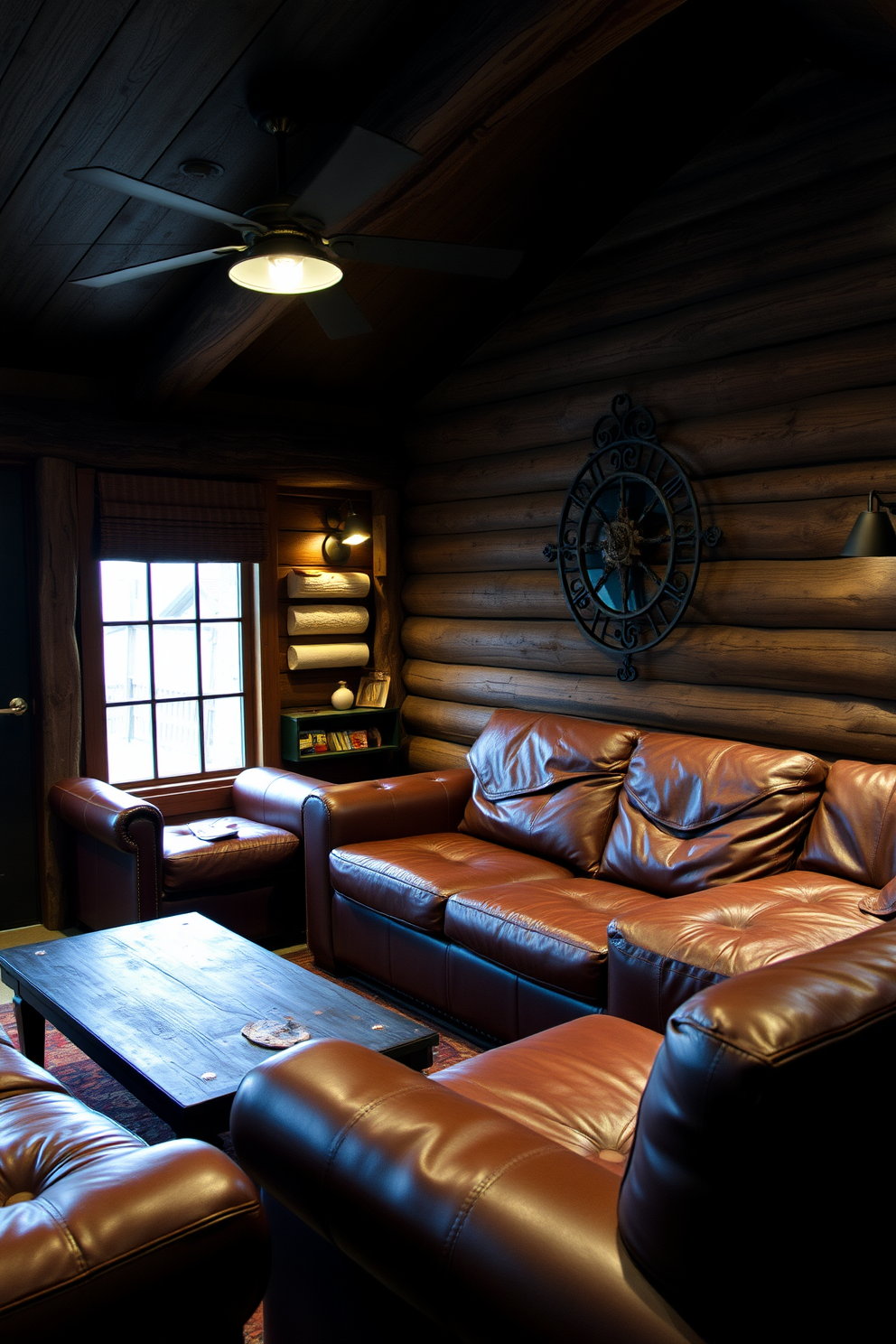 A cozy man cave shed features plush leather seating that invites relaxation and comfort. The rich texture of the leather adds a luxurious touch to the rustic surroundings. In one corner, a stylish coffee table complements the seating arrangement, perfect for entertaining guests. Ambient lighting enhances the atmosphere, creating a warm and inviting space for leisure activities.