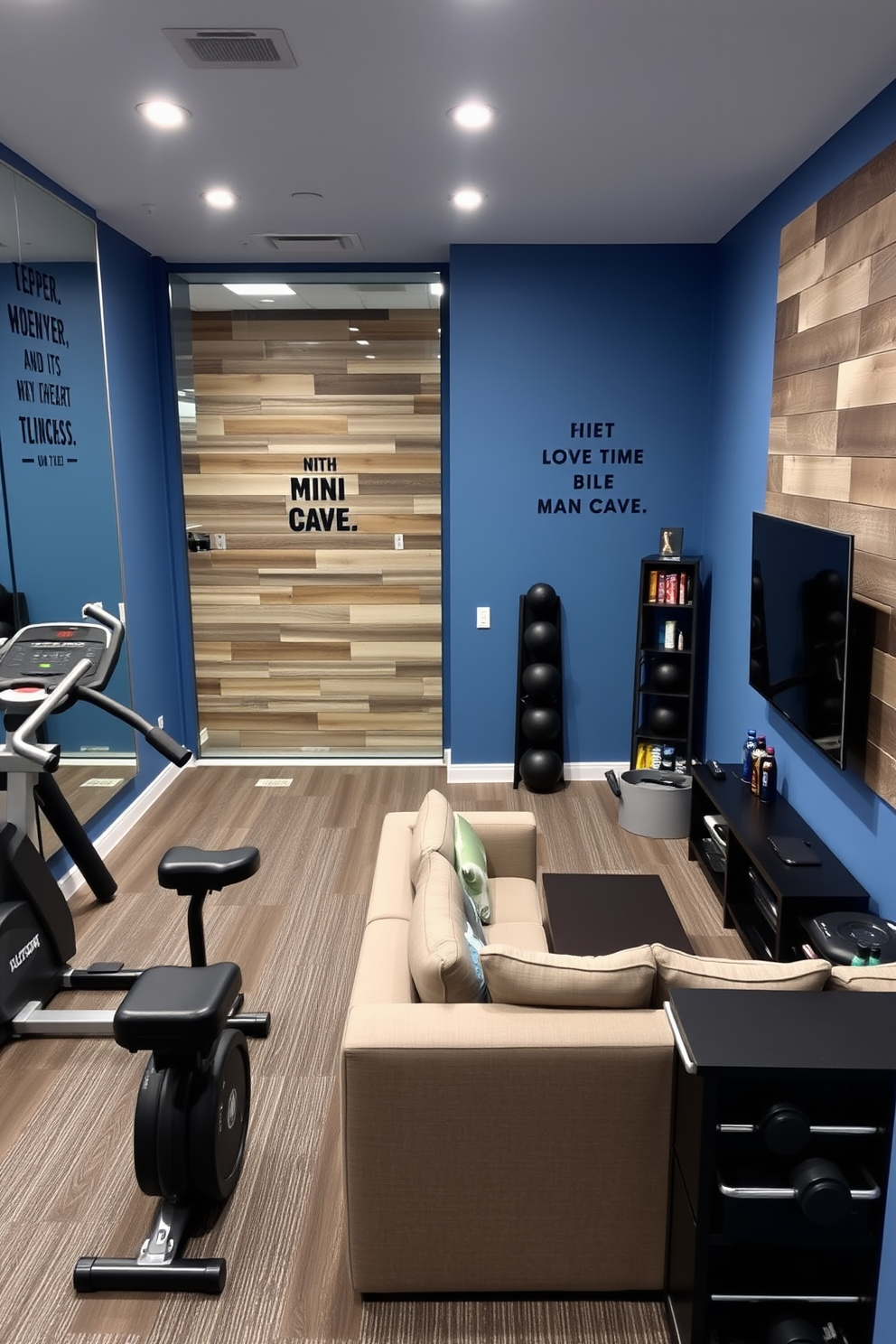 A personal gym equipped with state-of-the-art fitness machines and free weights. The walls are painted in a calming blue hue, with large mirrors reflecting the space and motivational quotes adorning the walls. A cozy man cave designed for relaxation and entertainment. It features a plush sectional sofa, a large flat-screen TV mounted on a rustic wooden wall, and a mini bar stocked with beverages and snacks.