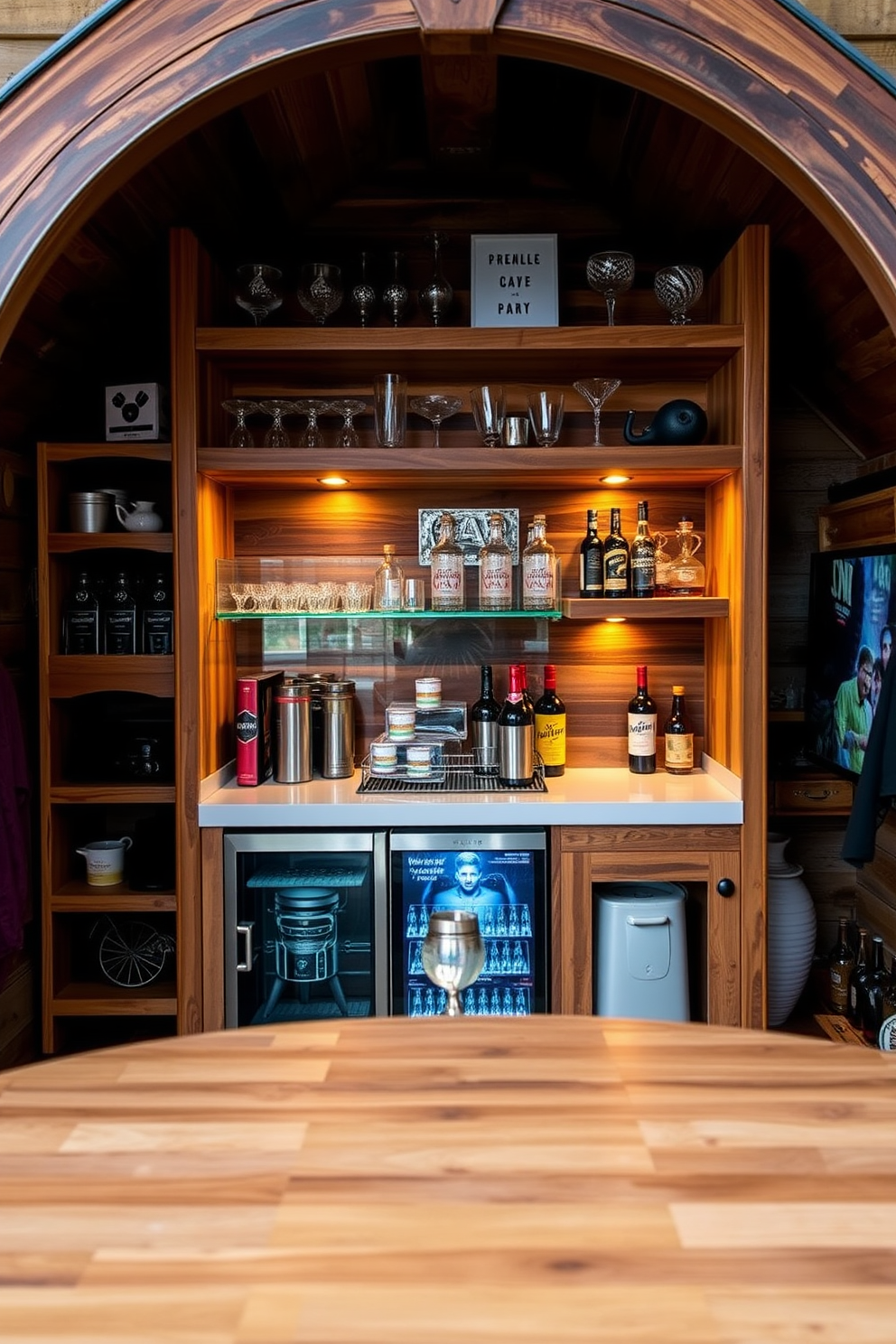 A stylish mini bar featuring custom shelving options made of reclaimed wood. The bar is equipped with a sleek countertop, a variety of glassware, and ambient lighting to create a warm and inviting atmosphere. A cozy man cave shed designed for relaxation and entertainment. The interior includes comfortable seating, a large screen for movies, and rustic decor that reflects a personal touch.