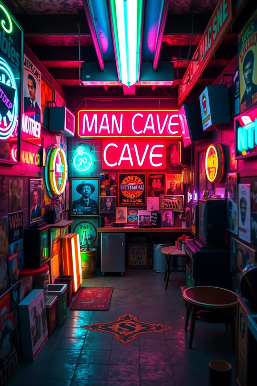 A vibrant man cave shed filled with neon signs that illuminate the space with colorful light. The walls are adorned with a mix of vintage posters and modern art, creating an eclectic yet cohesive look.