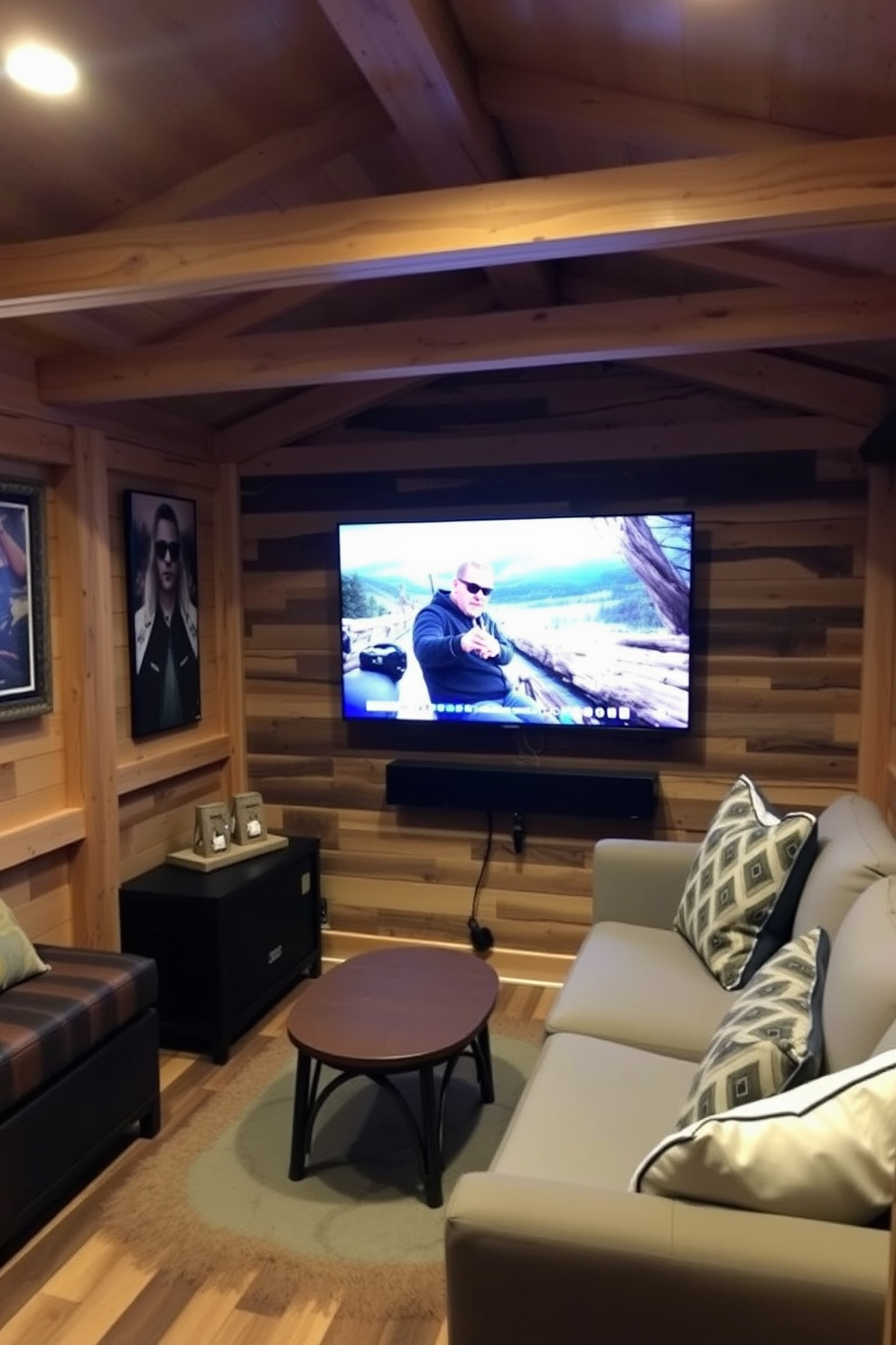 A cozy man cave shed featuring a wall-mounted TV positioned for optimal viewing angles. The interior is adorned with comfortable seating, rustic wooden accents, and ambient lighting to create a relaxed atmosphere.