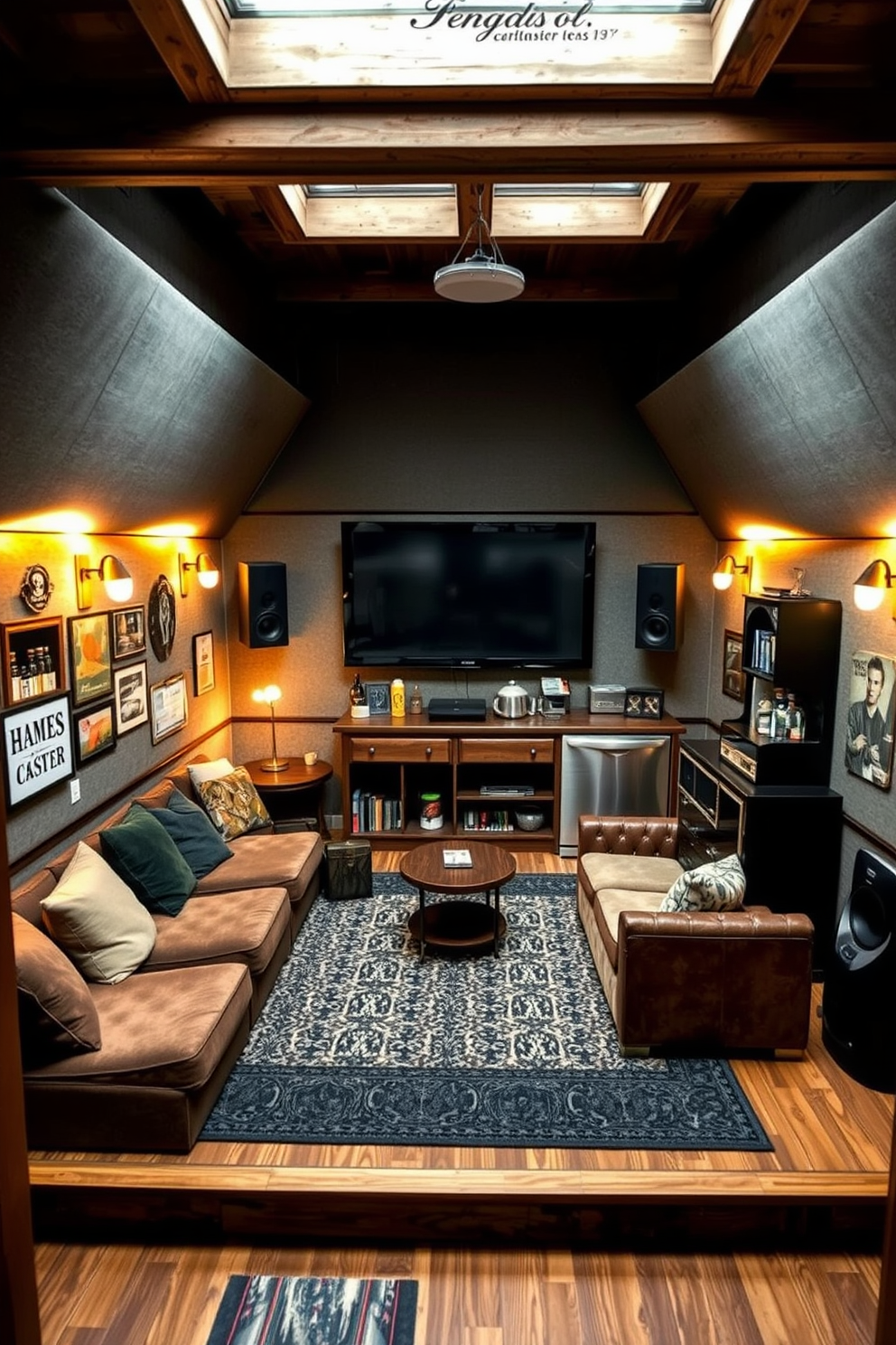 A soundproofed man cave shed designed for ultimate relaxation and entertainment. The interior features plush seating arranged around a large screen, with acoustic panels lining the walls to enhance audio quality. Warm lighting creates an inviting atmosphere, while a small kitchenette offers convenience for snacks and drinks. The decor incorporates vintage memorabilia and art, adding a personal touch to the space.