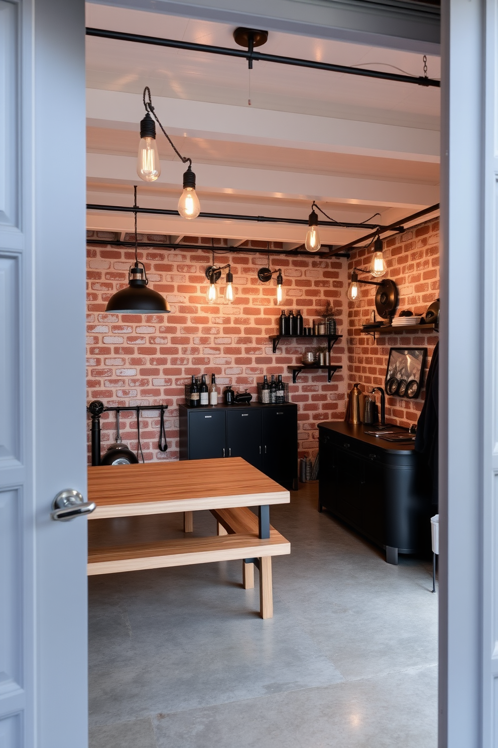 A stylish man cave shed featuring industrial lighting fixtures that create a modern vibe. The space includes exposed brick walls and a polished concrete floor, with sleek metal accents throughout.