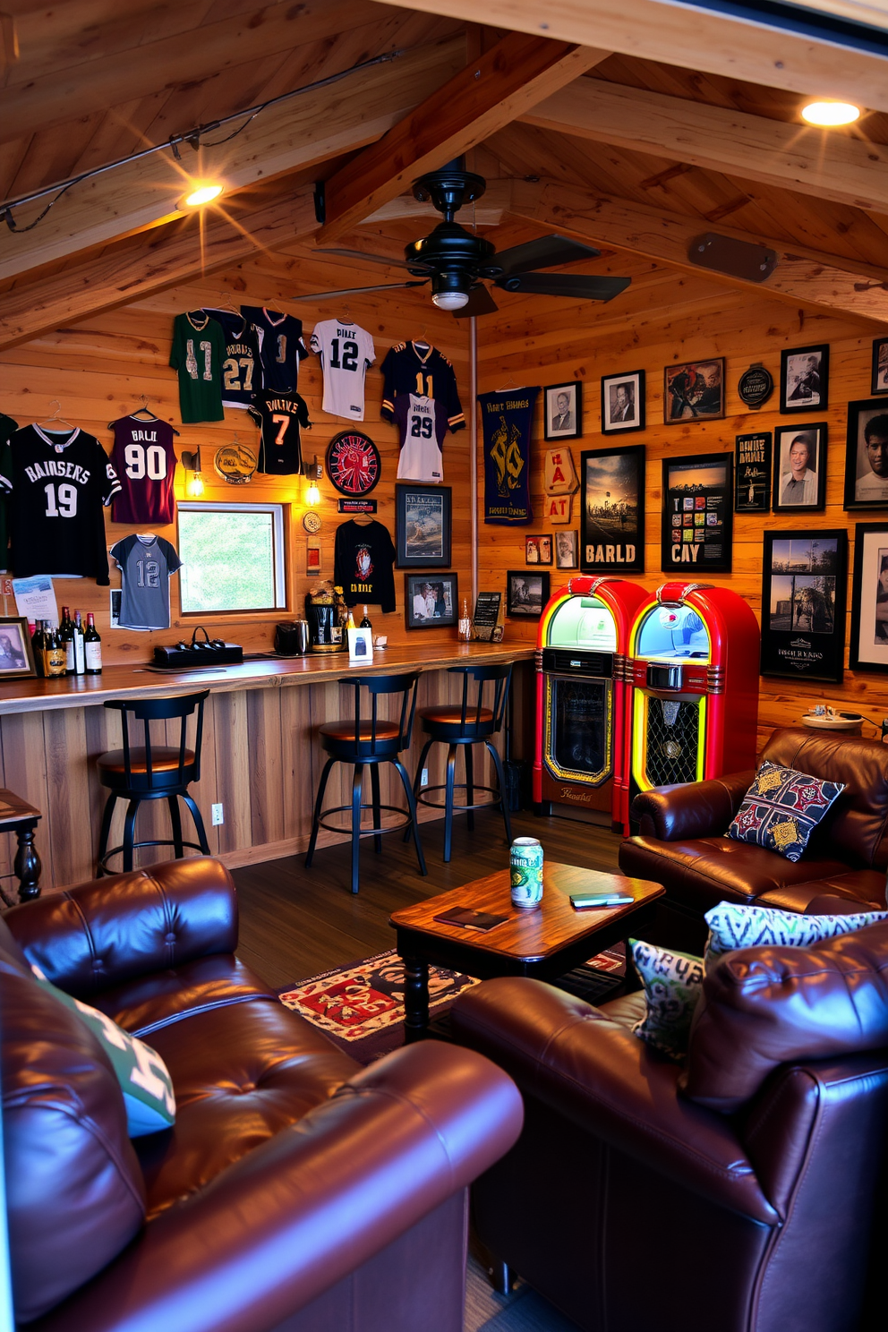 A cozy man cave shed designed for relaxation and entertainment. The interior features a rustic wooden bar with high stools and a vintage jukebox in the corner. The walls are adorned with memorabilia from favorite hobbies such as sports jerseys and framed photographs. Comfortable leather seating is arranged around a coffee table, creating an inviting space for friends to gather.