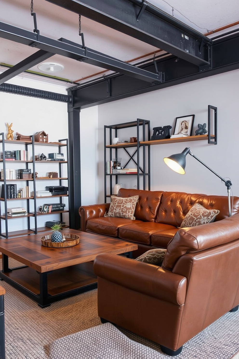 A stylish living room featuring industrial metal accents and furniture. The space includes a large leather sofa paired with a reclaimed wood coffee table, while exposed metal beams run across the ceiling. On one wall, there are shelves made of dark metal and reclaimed wood displaying various books and decorative items. A vintage metal floor lamp stands next to the sofa, casting warm light over a textured area rug.