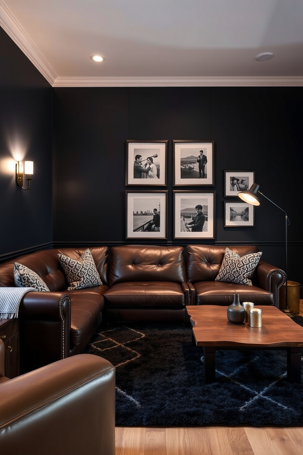 A manly living room design featuring layered lighting that enhances the ambiance and style. The space includes a large leather sectional sofa in deep brown, complemented by a rustic wooden coffee table and a plush area rug in dark tones. Wall sconces provide soft lighting while a sleek floor lamp adds a modern touch. The walls are painted in a rich navy blue, adorned with framed black and white photography to create a sophisticated yet inviting atmosphere.