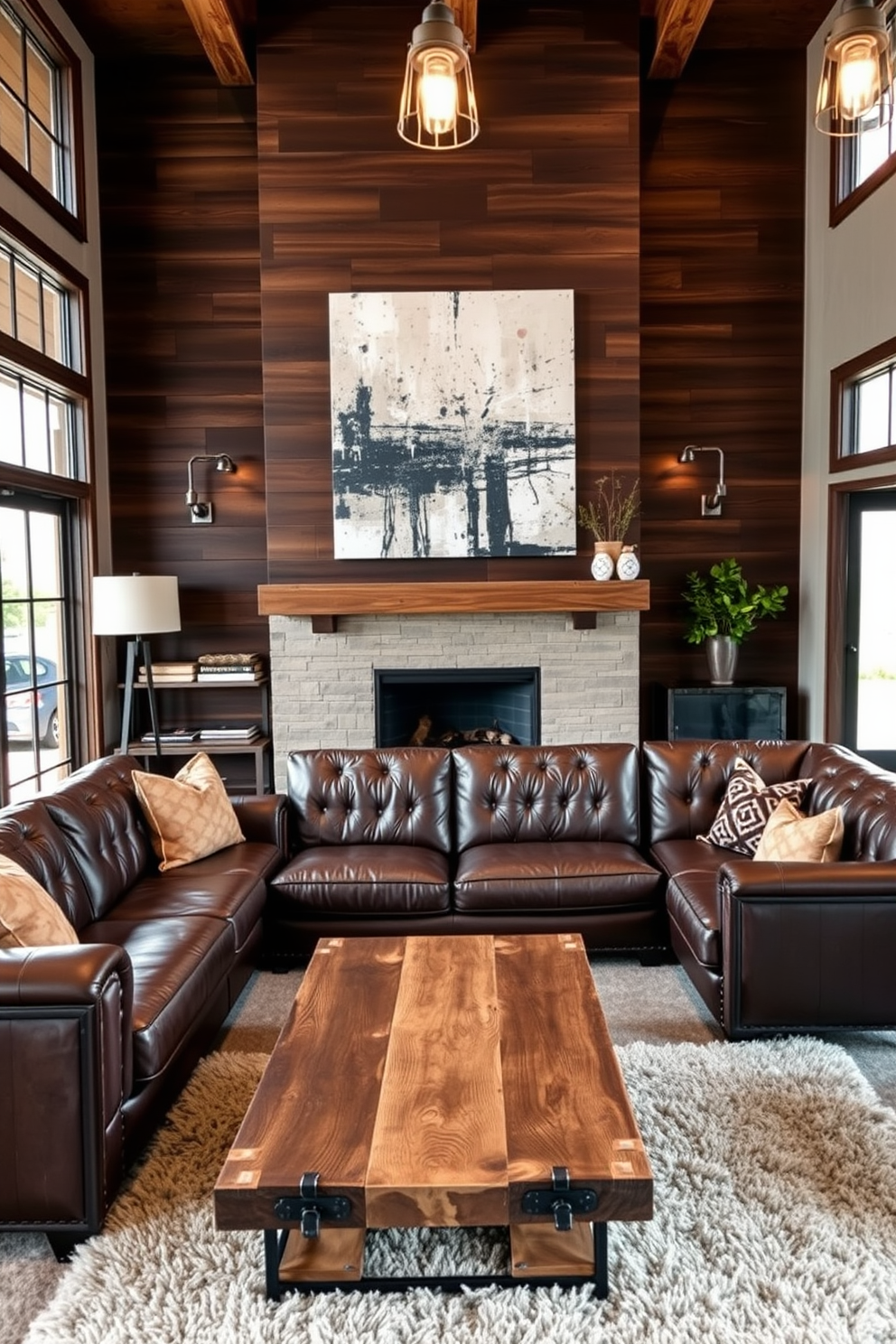 A manly living room design featuring rustic elements mixed with modern design. The space includes a large leather sofa with metal accents, complemented by a reclaimed wood coffee table and industrial-style lighting fixtures. The walls are adorned with dark wood paneling, creating a warm and inviting atmosphere. A striking abstract artwork hangs above the mantel, while a plush area rug adds texture and comfort underfoot.