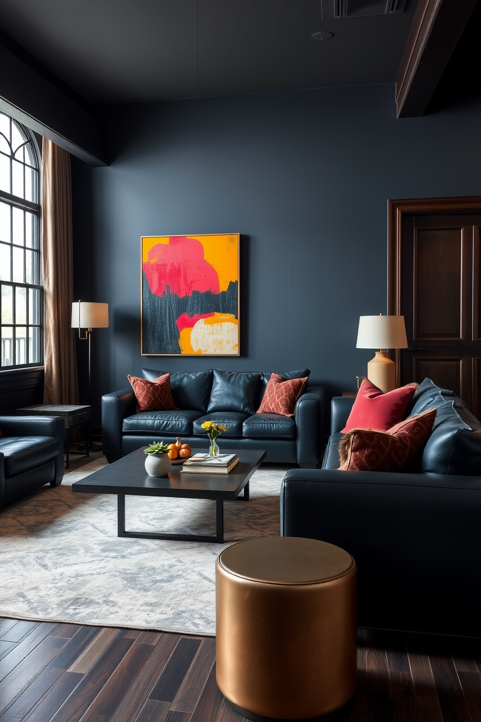 A masculine living room design featuring deep hues such as navy blue and charcoal gray. The space is accented with rich textures like leather and dark wood, creating a warm and inviting atmosphere. Large, plush sofas are arranged around a sleek coffee table, while a statement art piece in bold colors hangs on the wall. Soft lighting from industrial-style fixtures enhances the room's sophisticated yet rugged charm.