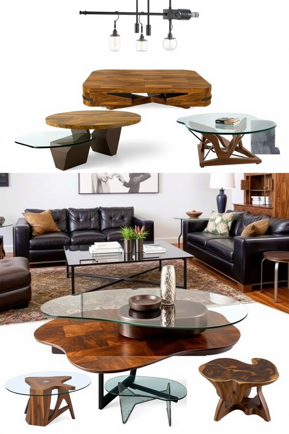 A collection of statement coffee tables with unique designs, showcasing various materials like glass, wood, and metal. Each table features an artistic shape or intricate detailing that serves as a focal point in the living room. A manly living room design that incorporates dark leather sofas and rich wooden accents. The space is adorned with industrial-style lighting and bold artwork, creating a masculine yet inviting atmosphere.