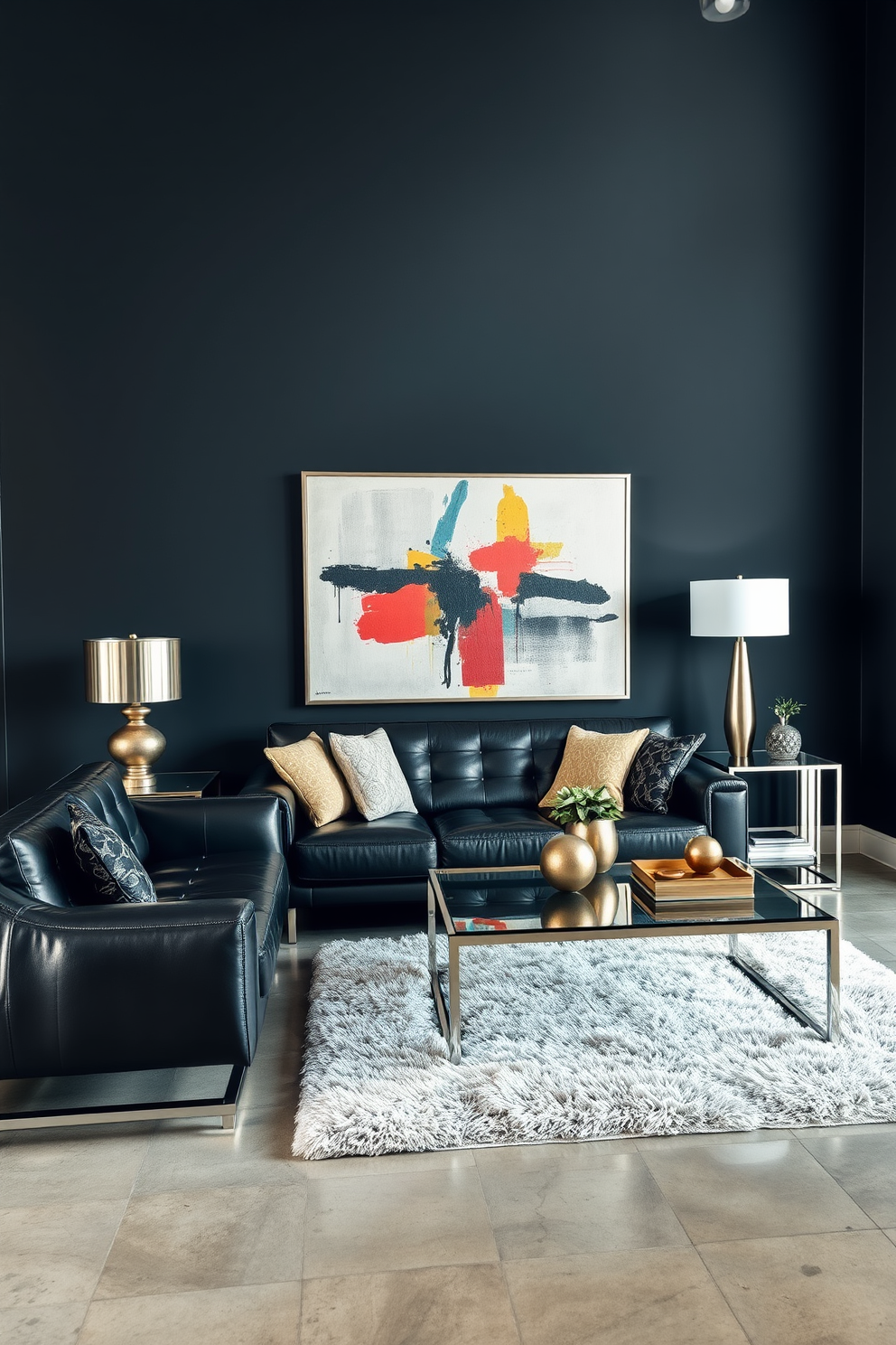 A modern living room featuring metallic finishes that create a sleek and sophisticated atmosphere. The furniture includes a dark leather sofa and a glass coffee table, complemented by metallic accents in the lamps and decorative accessories. The walls are painted in a deep charcoal grey, enhancing the masculine aesthetic of the space. A large abstract artwork with bold colors hangs above the sofa, while a plush area rug adds warmth to the polished concrete floor.