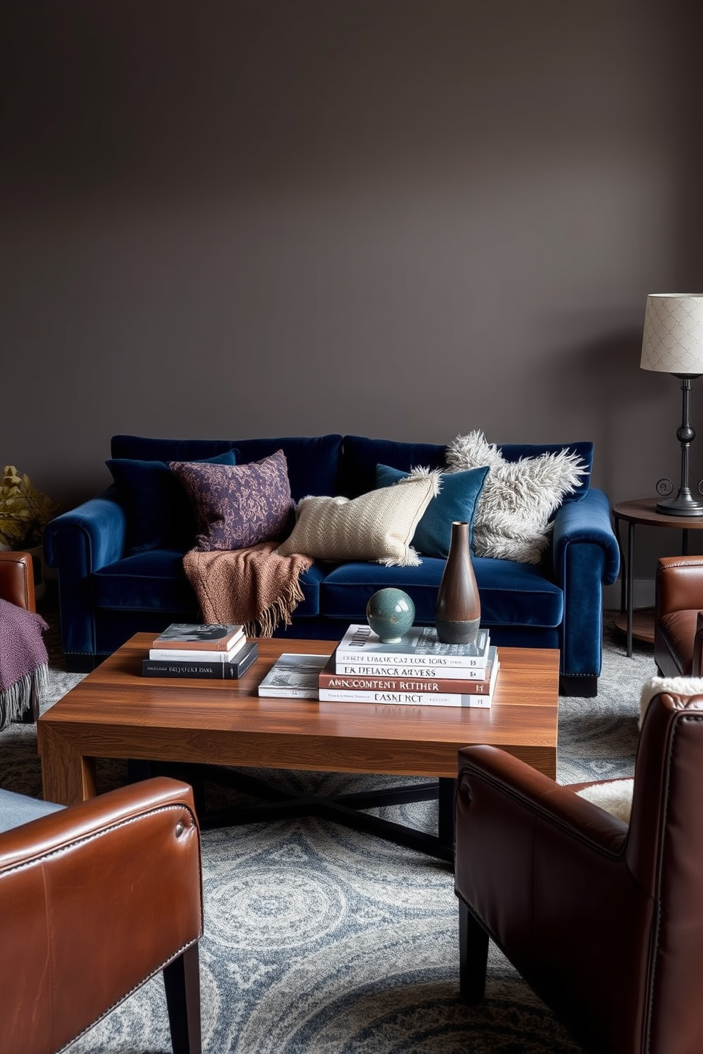 A stylish living room featuring tactile fabrics like wool and velvet. The space includes a plush velvet sofa in deep blue, paired with woolen throw blankets and cushions in various textures. A large wooden coffee table sits at the center, adorned with a stack of design books and a modern sculpture. The walls are painted in a warm gray, complemented by rich leather accents on the armchairs.