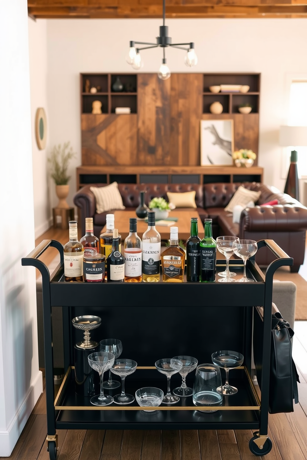 A personalized bar cart for entertaining. The cart features a sleek black finish with gold accents, stocked with an array of premium spirits and elegant glassware. Manly living room design ideas. The space includes a large leather sectional sofa, a rustic wooden coffee table, and industrial-style lighting fixtures that create a warm and inviting atmosphere.