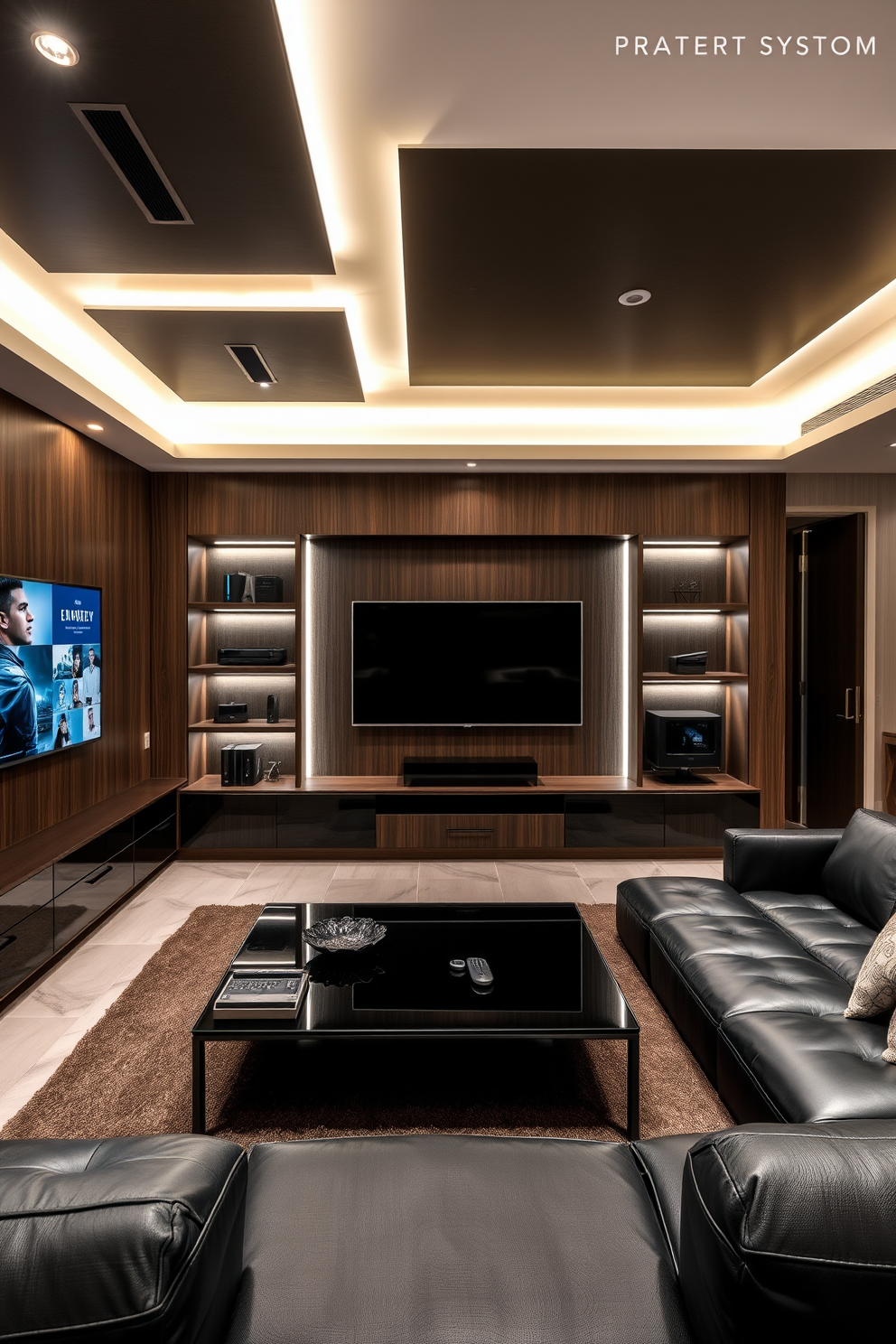 A contemporary living room designed for a masculine aesthetic. The space features a dark leather sectional sofa paired with a sleek glass coffee table, and a large flat-screen TV mounted on a feature wall with built-in shelves for tech devices. Smart lighting systems are integrated into the ceiling, allowing for adjustable ambiance. A high-tech sound system is discreetly installed, enhancing the overall entertainment experience while maintaining a clean, uncluttered look.