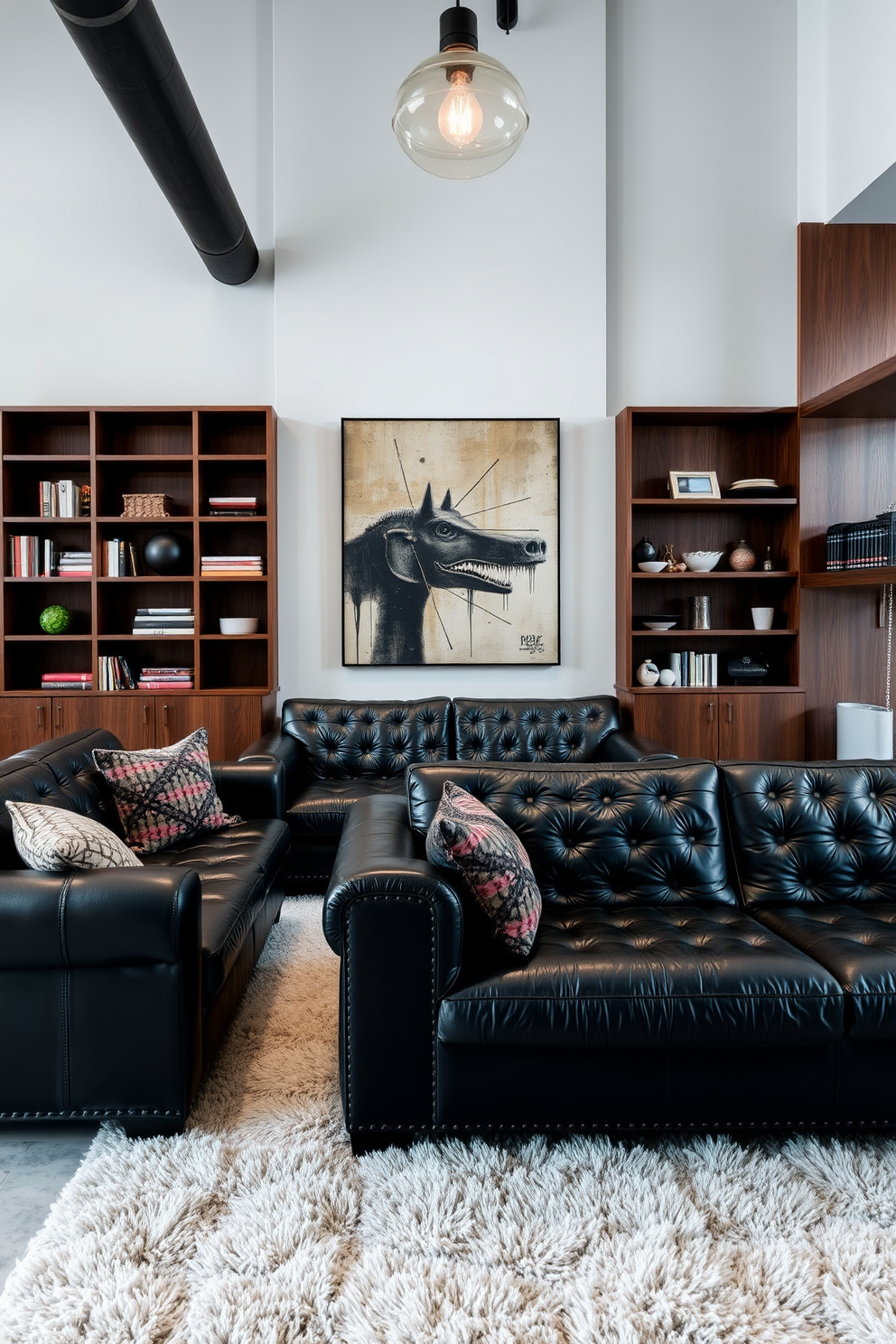 A stylish living room featuring dark leather sofas with bold textures. The space is accented with industrial-style lighting and a large, abstract artwork on the wall. Rich wooden shelves display curated books and unique decor pieces. A plush area rug adds warmth to the room, contrasting with the sleek leather furniture.