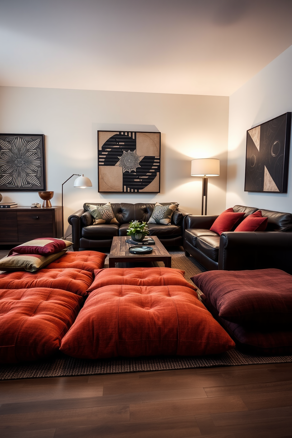 A stylish living room featuring oversized floor cushions arranged for casual seating. The cushions are upholstered in rich, textured fabrics with earthy tones, creating a warm and inviting atmosphere. The room includes a large leather sofa with bold accent pillows, complemented by a rustic wooden coffee table. Soft ambient lighting from sleek floor lamps enhances the masculine aesthetic, while artwork with strong geometric patterns adorns the walls.