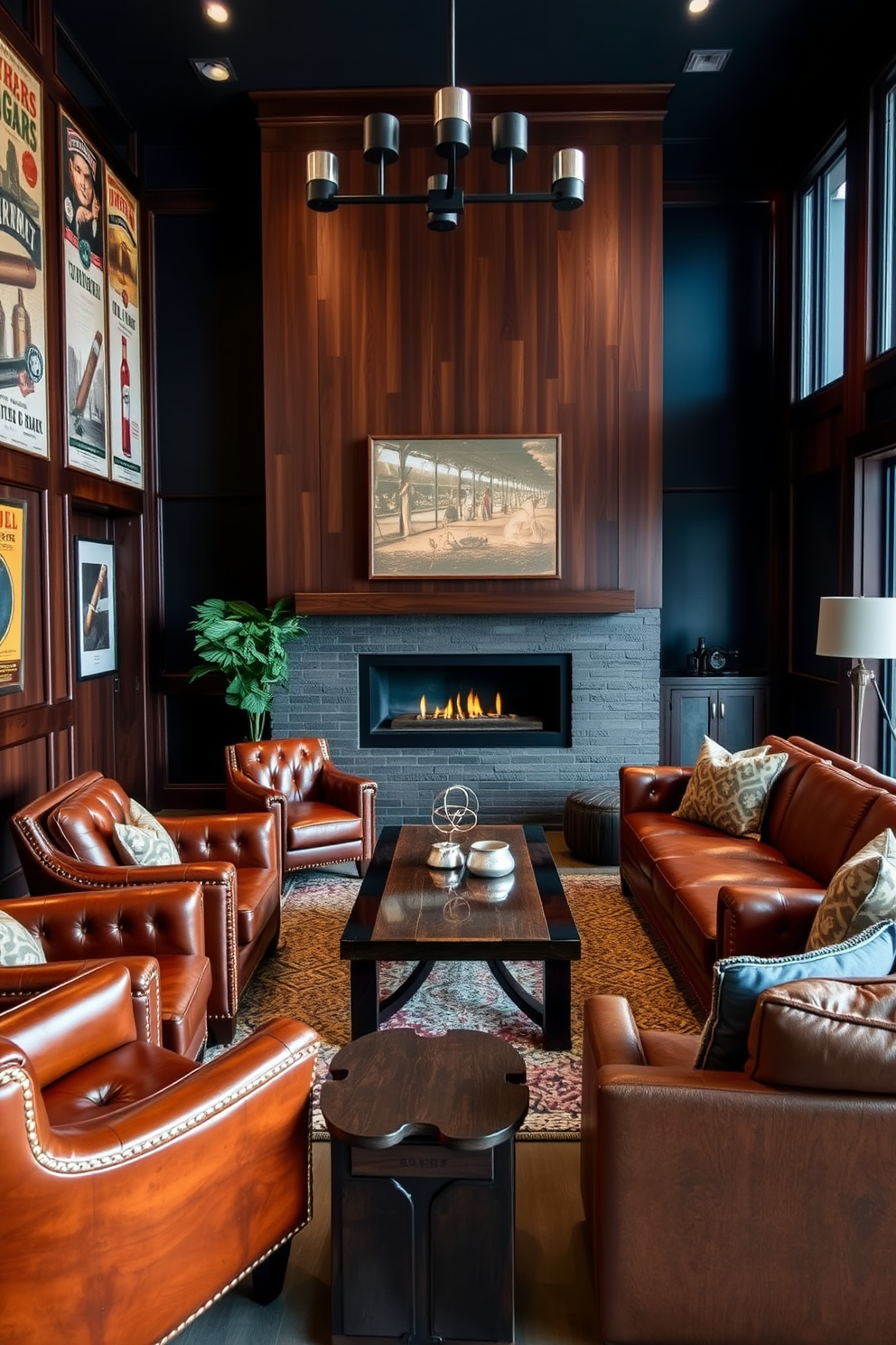 A cigar lounge inspired seating area features rich leather armchairs arranged around a dark wood coffee table. The walls are adorned with vintage cigar advertisements and deep mahogany paneling, creating an inviting and sophisticated atmosphere. Manly living room design ideas include a bold color palette of navy blue and charcoal gray complemented by industrial-style furniture. A large sectional sofa faces a modern fireplace, with accent pieces like a rustic coffee table and metal sculptures adding character to the space.