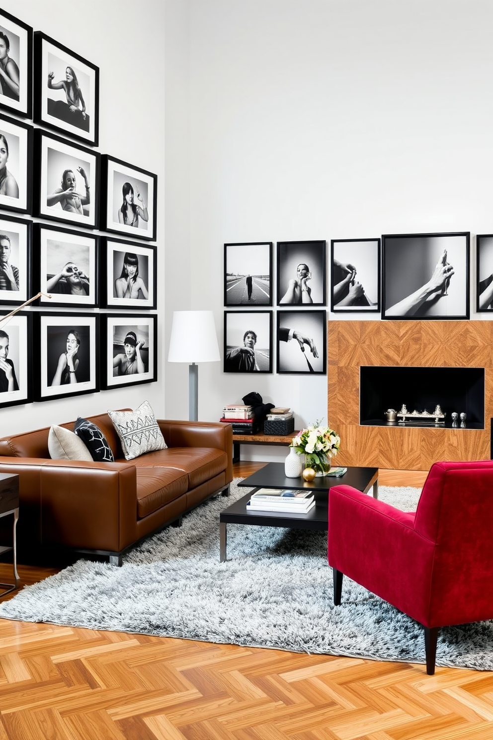 A stylish living room featuring framed black and white photography arranged in a gallery wall across one side. The space is anchored by a large leather sofa, complemented by a sleek coffee table and a plush area rug. Warm wooden accents add depth to the room, while a statement floor lamp provides soft lighting. A bold accent chair in a rich color contrasts beautifully with the monochrome artwork, creating a sophisticated yet inviting atmosphere.