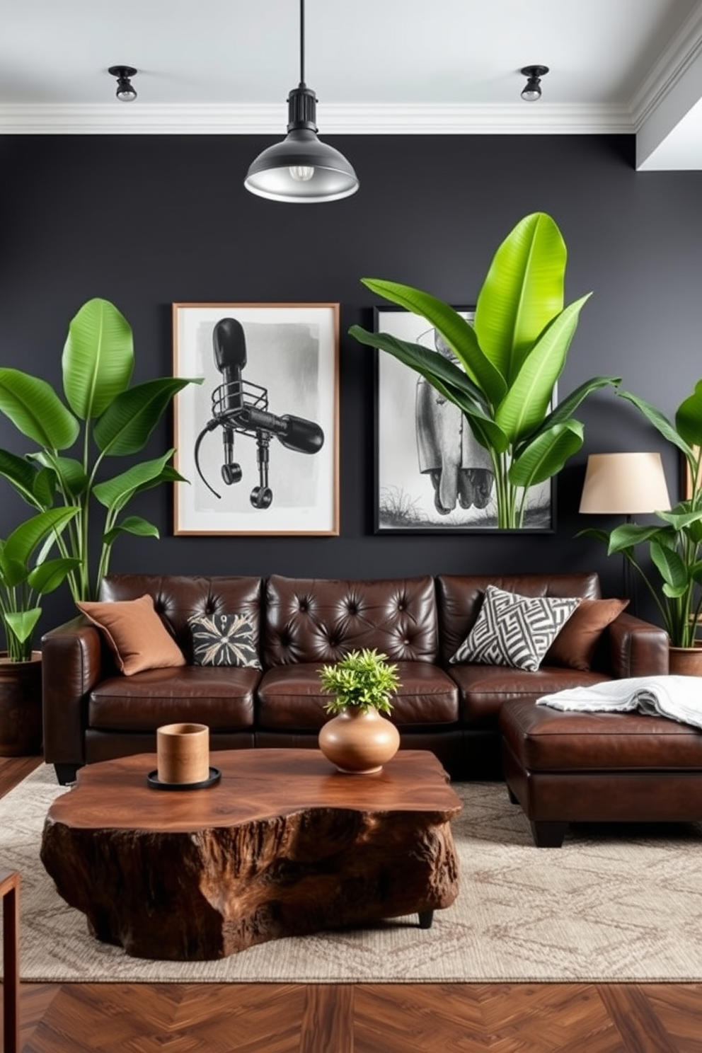 A manly living room design featuring large plants that bring a fresh touch to the space. The room is anchored by a deep leather sofa, complemented by a rugged wooden coffee table and industrial-style lighting fixtures. Incorporate tall potted plants in the corners to add height and vibrancy. The walls are painted in a rich charcoal color, with bold artwork that reflects masculine aesthetics.