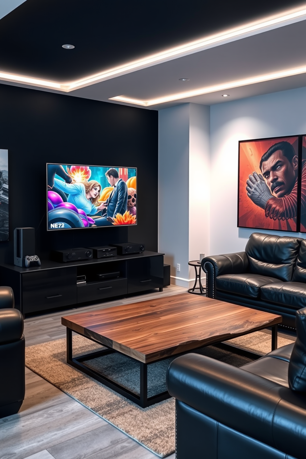 A modern game area featuring sleek gaming consoles arranged on a minimalist media unit. The walls are adorned with vibrant artwork and LED strip lighting creates an immersive atmosphere. A manly living room designed with deep leather sofas and a rustic wooden coffee table. The space is accented with dark colors and industrial elements, creating a cozy yet masculine vibe.