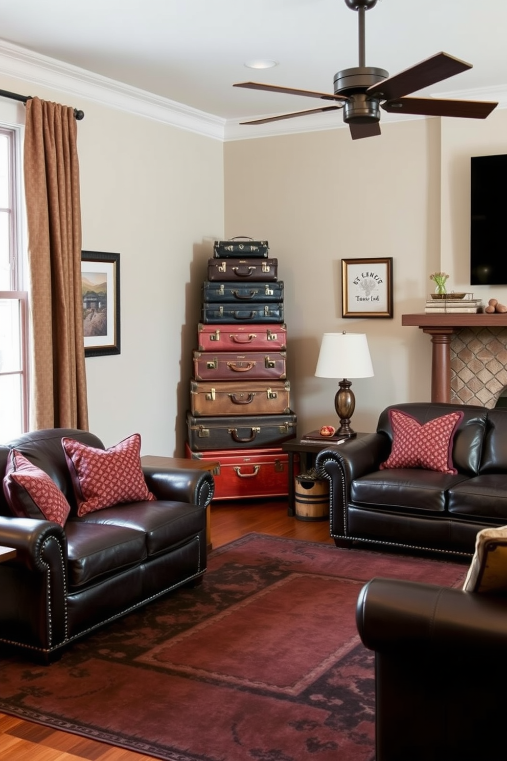 A cozy living room featuring vintage suitcases stacked as decorative storage pieces in the corner. The suitcases are in various sizes and colors, adding a nostalgic touch to the space. The room is designed with a masculine aesthetic, incorporating dark leather furniture and rich wood accents. A large area rug in deep tones anchors the seating area, creating an inviting atmosphere.