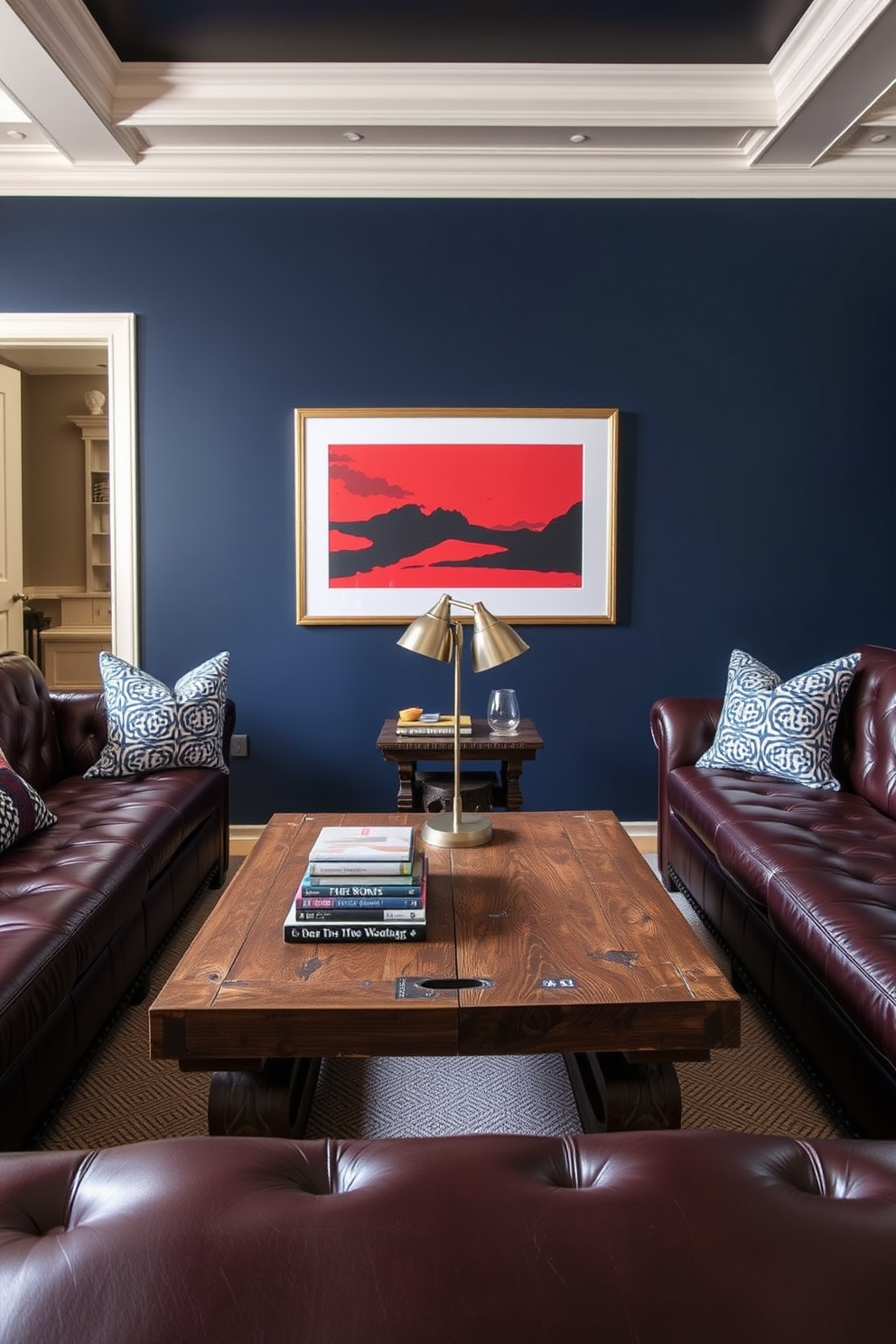 A manly living room features deep leather seating complemented by bold patterned throw pillows that add a striking contrast. The walls are painted in a rich navy blue, and a rustic wooden coffee table sits at the center, adorned with a few well-chosen books and a sleek metal lamp.