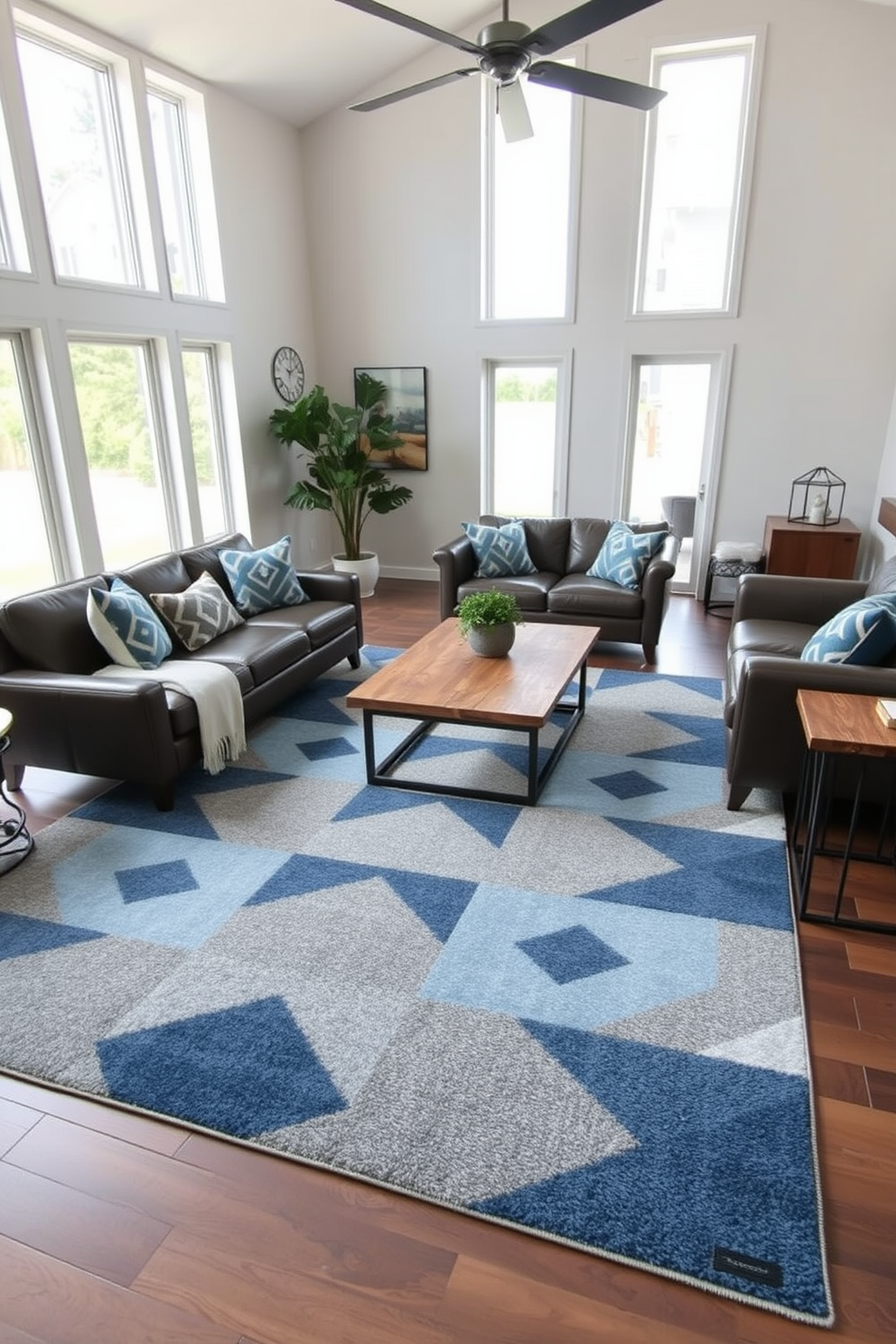 A stylish living room featuring geometric patterns in the rugs and decor. The space is anchored by a large area rug with bold, angular designs in shades of blue and gray, complemented by throw pillows that echo the same geometric motifs. The furniture is a mix of modern and rustic elements, with a sleek leather sofa paired with a reclaimed wood coffee table. Floor-to-ceiling windows allow natural light to flood the room, highlighting the intricate patterns and creating a warm, inviting atmosphere.