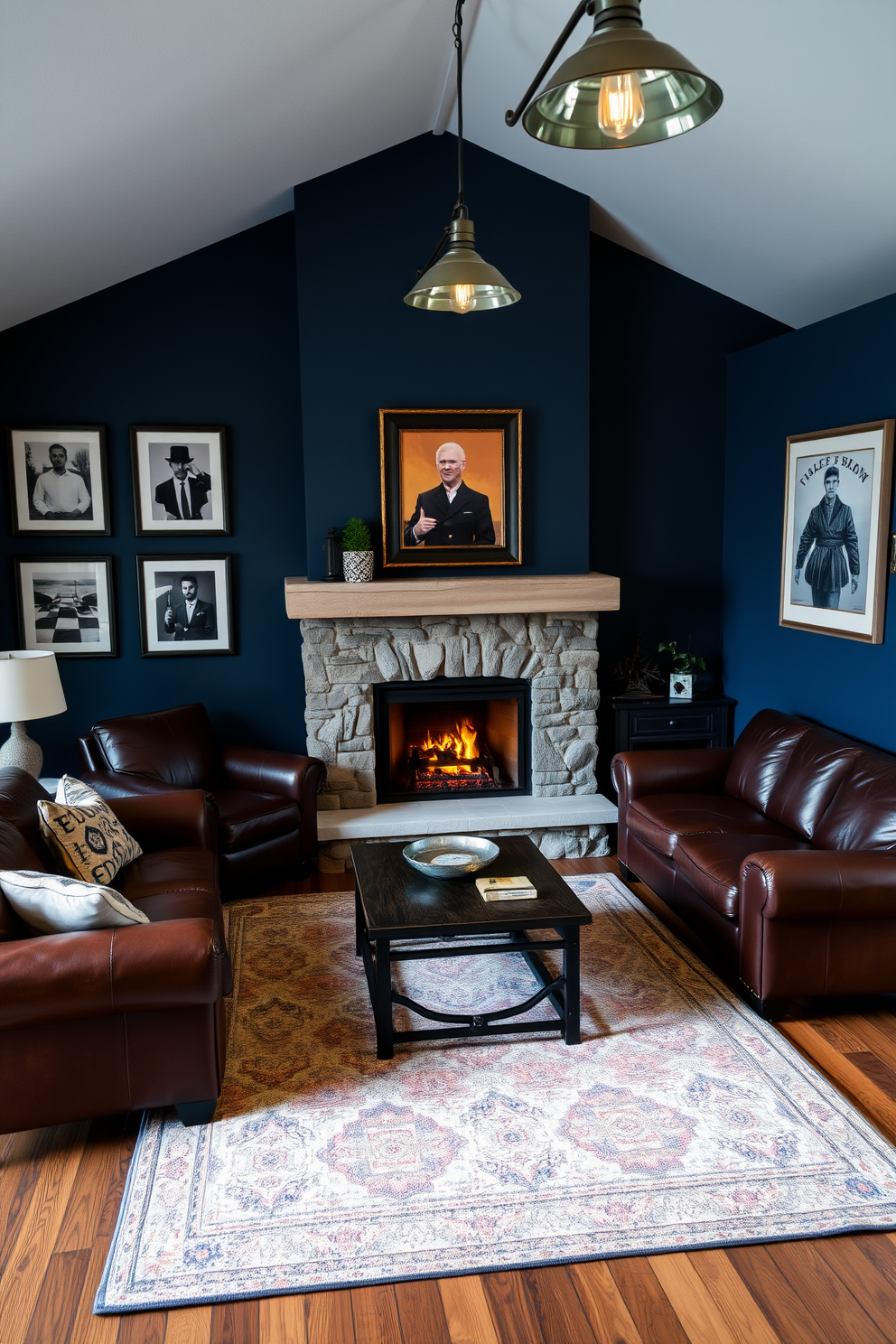 A cozy fireplace serves as the focal point of the living room, surrounded by a stone mantel that adds rustic charm. Plush leather sofas are arranged in a semi-circle around the fire, complemented by a large area rug that brings warmth to the wooden floor. The walls are painted in a deep navy blue, creating a bold backdrop for framed artwork that reflects masculine themes. Industrial-style lighting fixtures hang from the ceiling, casting a soft glow over the space and enhancing the inviting atmosphere.